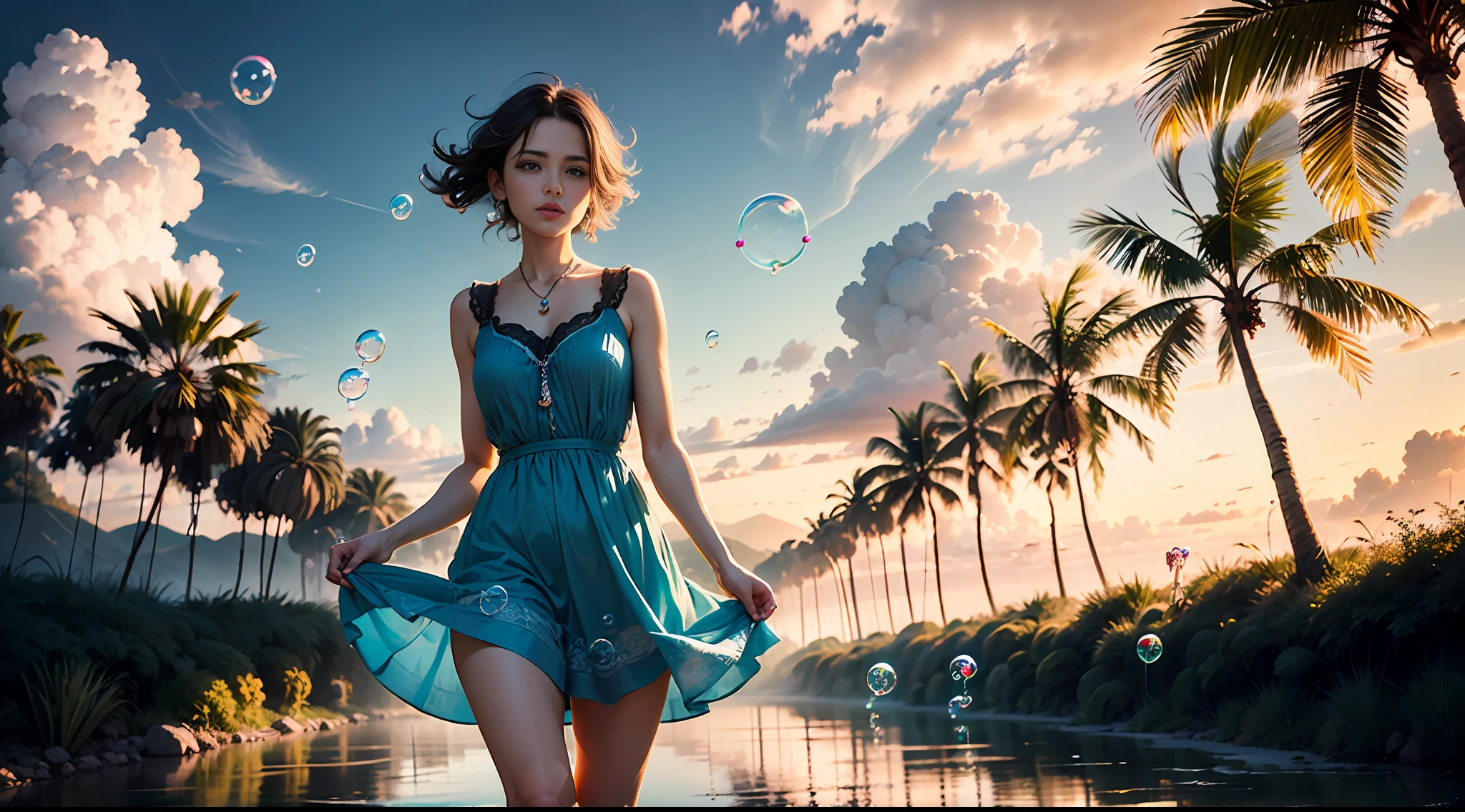 high quality, one standing woman, dress, clear hands, ((blue clouds and colorful soap bubbles)), tropic landscape