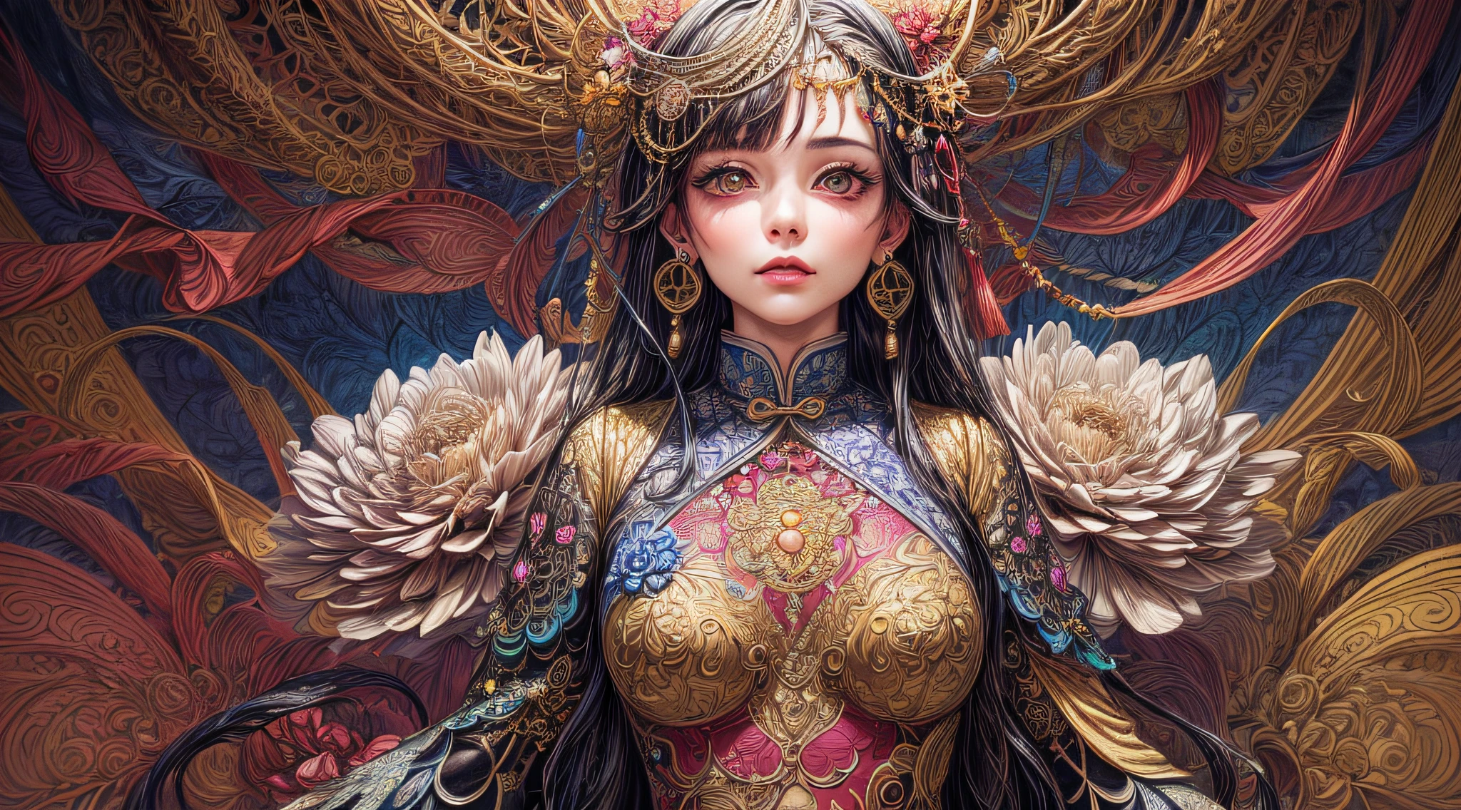 (masterpiece, top quality, best quality, official art, beautiful and aesthetic:1.2), (1girl:1.3), extremely detailed,(fractal art:1.1),(colorful:1.1)(flowers:1.3),highest detailed,(zentangle:1.2), (dynamic pose), (abstract background:1.3), (chinese Traditional cloth:1.2), (shiny skin), (many colors:1.4), ,(earrings:1.4), (half body:1.5)