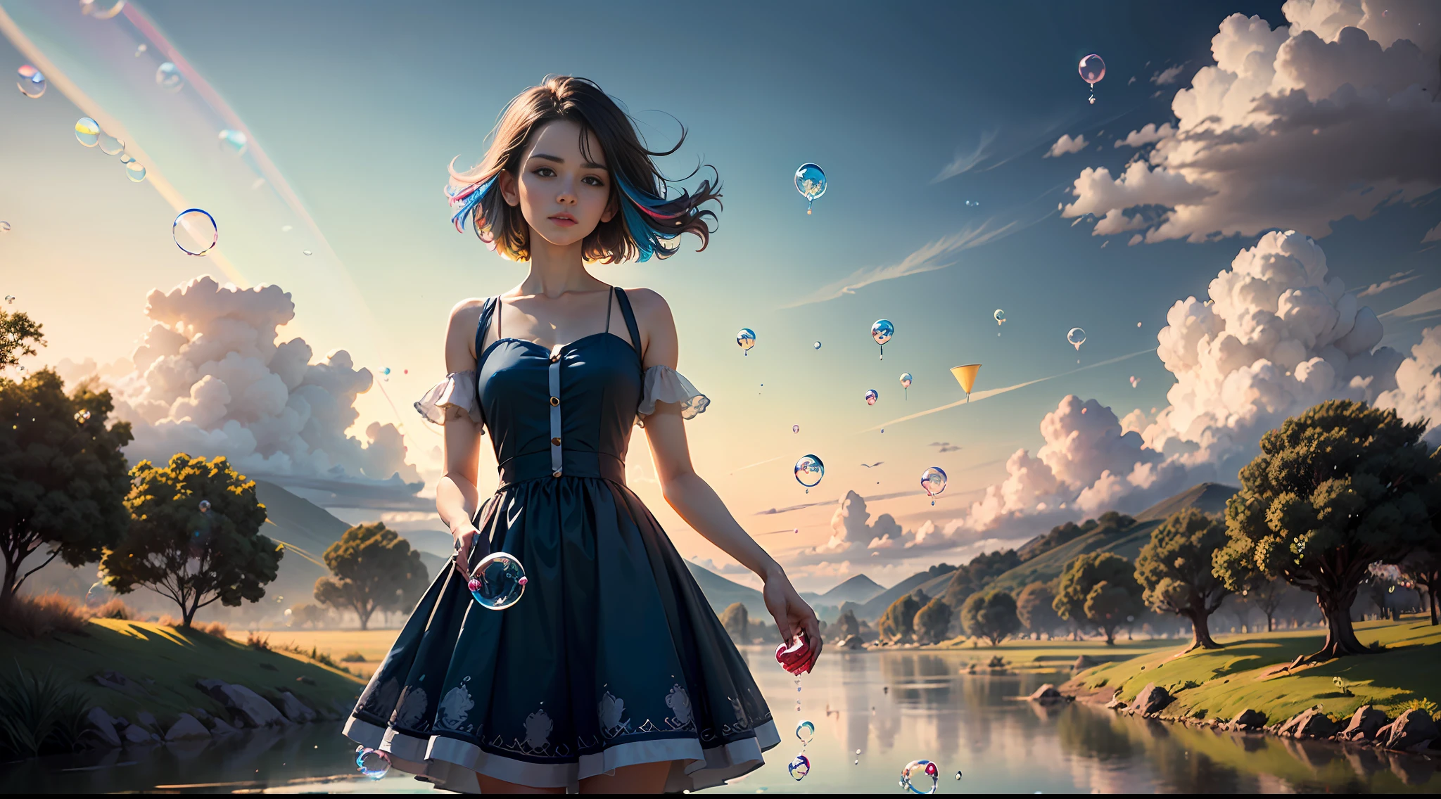 high quality, one standing woman, dress, clear hands, ((blue clouds and colorful soap bubbles)), tropic landscape
