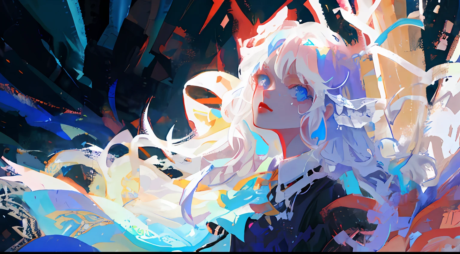 1girl, long hair, gothic, organza lace,Gorgeous and fussy clothes, gothic, flying, blue, white, (colorful), pale skin,
bold strokes, gradient blends, motion blur, shimmering textures, dynamic composition, atmospheric perspective, impressionistic,
(masterpiece), (best quality), Amazing, (beautiful detailed eyes), (finely detail), Depth of field, extremely detailed CG, original, extremely detailed wallpaper, (vivid colors), cinematic lighting, (colorful), (blush:0.2), (red lips: 0.6)