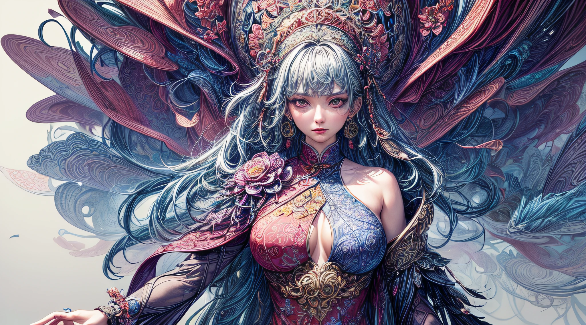 (masterpiece, top quality, best quality, official art, beautiful and aesthetic:1.2), (1girl:1.3), extremely detailed,(fractal art:1.1),(colorful:1.1)(flowers:1.3),highest detailed,(zentangle:1.2), (dynamic pose), (abstract background:1.3), (chinese Traditional cloth:1.2), (shiny skin), (many colors:1.4), ,(earrings:1.4), (half body:1.5)