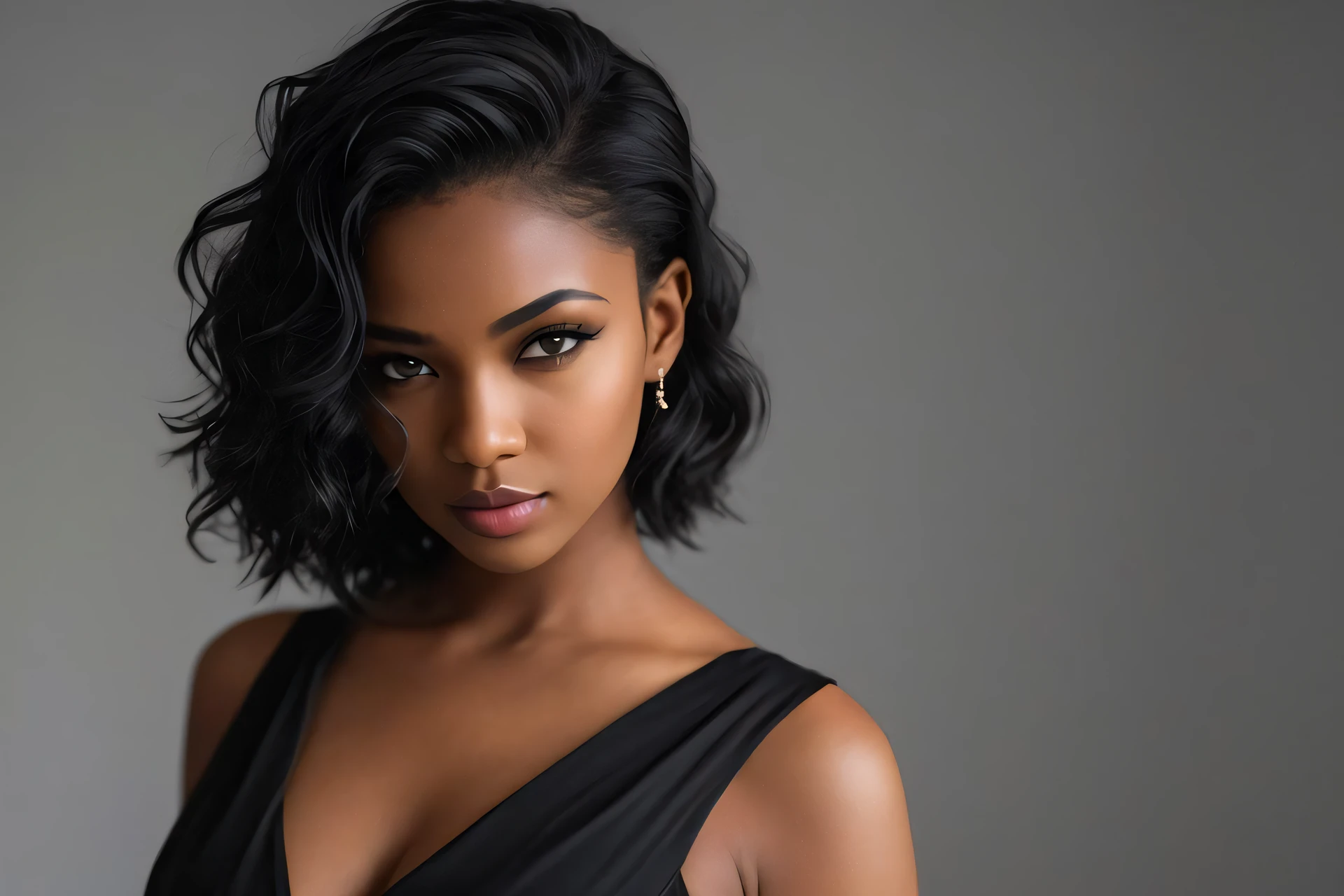 ebony woman, (to8contrast style), (Close-up portrait), open mouth, 8k RAW photo, highest quality, detailed hazel eyes, eye reflection, winged eyeliner, (looking at the viewer:1.3), best shadow, intricate details, interior, (bold hair:1.3), muted colors, high contrast style, glam shot, smoldering, (sultry:1.1), dof, bokeh, intense, languid, tempting, sensual, seductive, longing, yearning, smitten, dark photography studio, minimal lighting, deep shadows, stark contrasts, dramatic highlights, (black backdrop:1.2), dimples, fullness, plumpness, natural blue lips, bold color, alluring, captivating, striking, unforgettable, stunning, breath-taking, timeless beauty. (bare shoulders:1.2), headshot