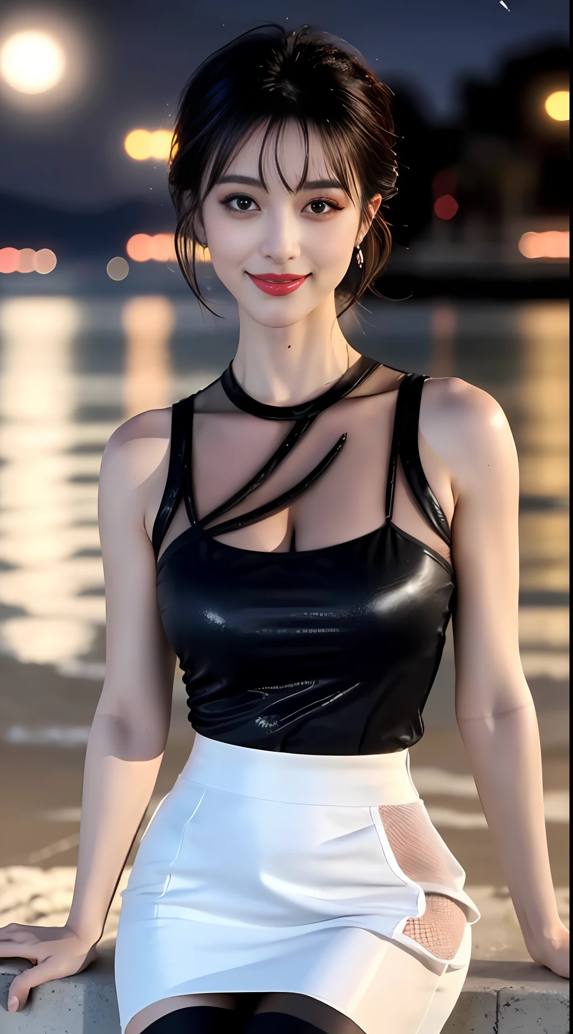 8K resolution, super high resolution, best picture quality, beautiful girl, moist lips, peerless beauty, messy black straight hair, shoulder-length short hair, fluffy hair, rich and beautiful makeup, delicate and perfect facial features, sapphire eyes, blush, sweet smile, night beach, on the beach, (wearing a mesh black tight sexy T-shirt), short skirt, seductive black bright stockings, night mode, full body photo