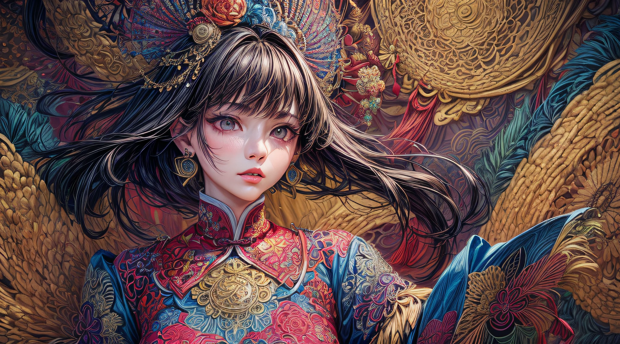 (masterpiece, top quality, best quality, official art, beautiful and aesthetic:1.2), (1girl:1.3), extremely detailed,(fractal art:1.1),(colorful:1.1)(flowers:1.3),highest detailed,(zentangle:1.2), (dynamic pose), (abstract background:1.3), (chinese Traditional cloth:1.2), (shiny skin), (many colors:1.4), ,(earrings:1.4), (half body:1.5)