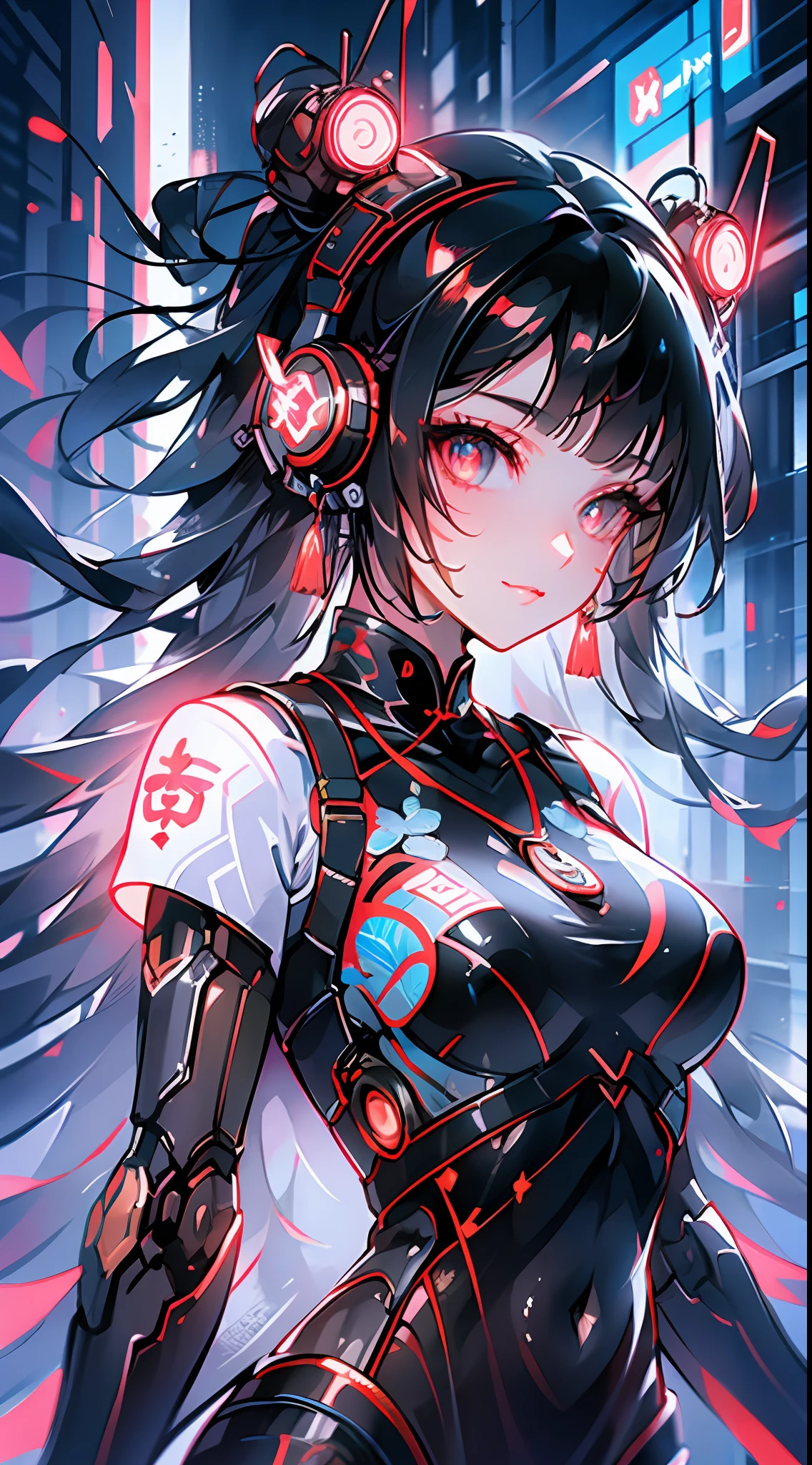 1 girl, Chinese_clothes, liquid black titanium and red, cyberhan, cheongsam, cyberpunk city, dynamic pose, detailed luminous headphones, luminous hair accessories, long hair, luminous earrings, luminous necklace, cyberpunk, high-tech city, full of mechanical and futuristic elements, futuristic, technology, glowing neon, red, red light, transparent black tulle, black ribbon, laser, digital background urban sky, big moon, with vehicles, best quality, masterpiece, 8K, character edge light, Super high detail, high quality, the most beautiful woman in human beings, micro smile, face facing front left and right symmetry, ear decoration, beautiful pupils, light effects, visual data, dark black hair, super detailed face texture, bright leather red gloves, elevation shooting, surreal light and shadow, complex brush strokes, complex lines, background night