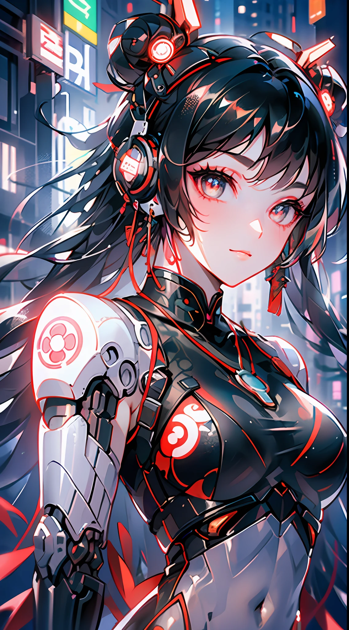 1 girl, Chinese_clothes, liquid black titanium and red, cyberhan, cheongsam, cyberpunk city, dynamic pose, detailed luminous headphones, luminous hair accessories, long hair, luminous earrings, luminous necklace, cyberpunk, high-tech city, full of mechanical and futuristic elements, futuristic, technology, glowing neon, red, red light, transparent black tulle, black ribbon, laser, digital background urban sky, big moon, with vehicles, best quality, masterpiece, 8K, character edge light, Super high detail, high quality, the most beautiful woman in human beings, micro smile, face facing front left and right symmetry, ear decoration, beautiful pupils, light effects, visual data, dark black hair, super detailed face texture, bright leather red gloves, elevation shooting, surreal light and shadow, complex brush strokes, complex lines, background night