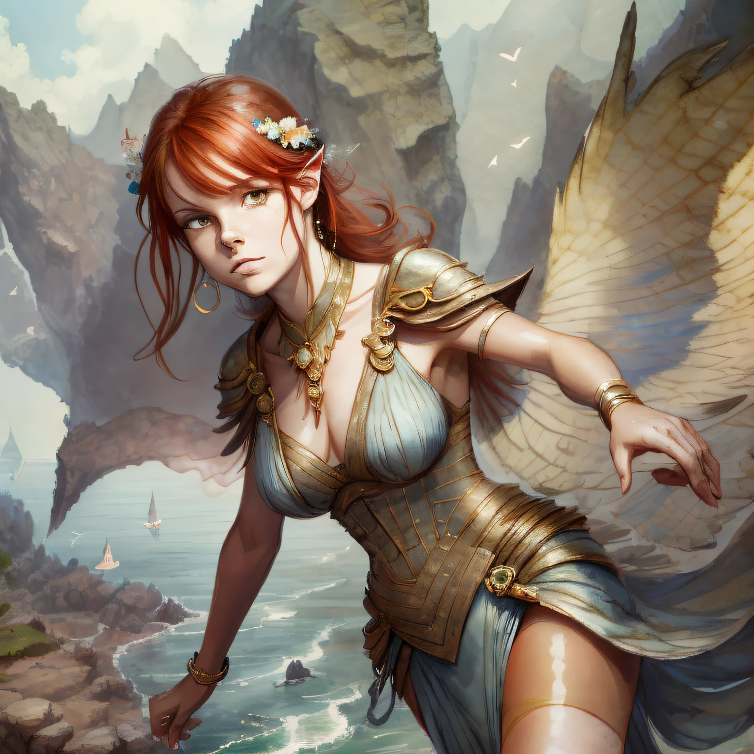 (best quality, masterpiece), 1 nymph, rock, sea, beach, particle, wind, light blue spherical magic in the hand, redhead, upper body, background and clear simple, staring at the viewer, --auto