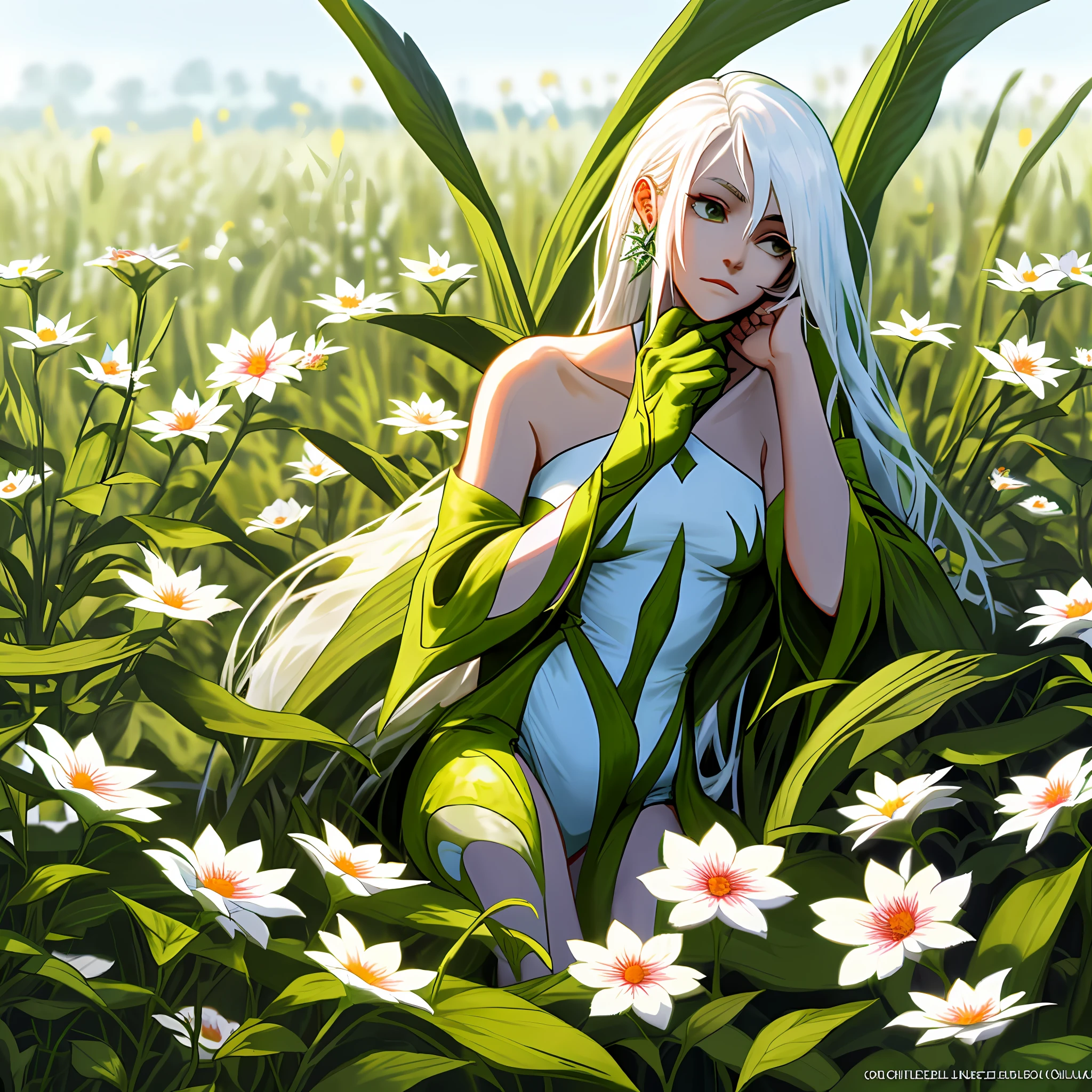 A long girl with white hair sits in a field of green plants and flowers, her hands are under her chin, her body is naked, her fair body is clearly visible, and one hand caresses her