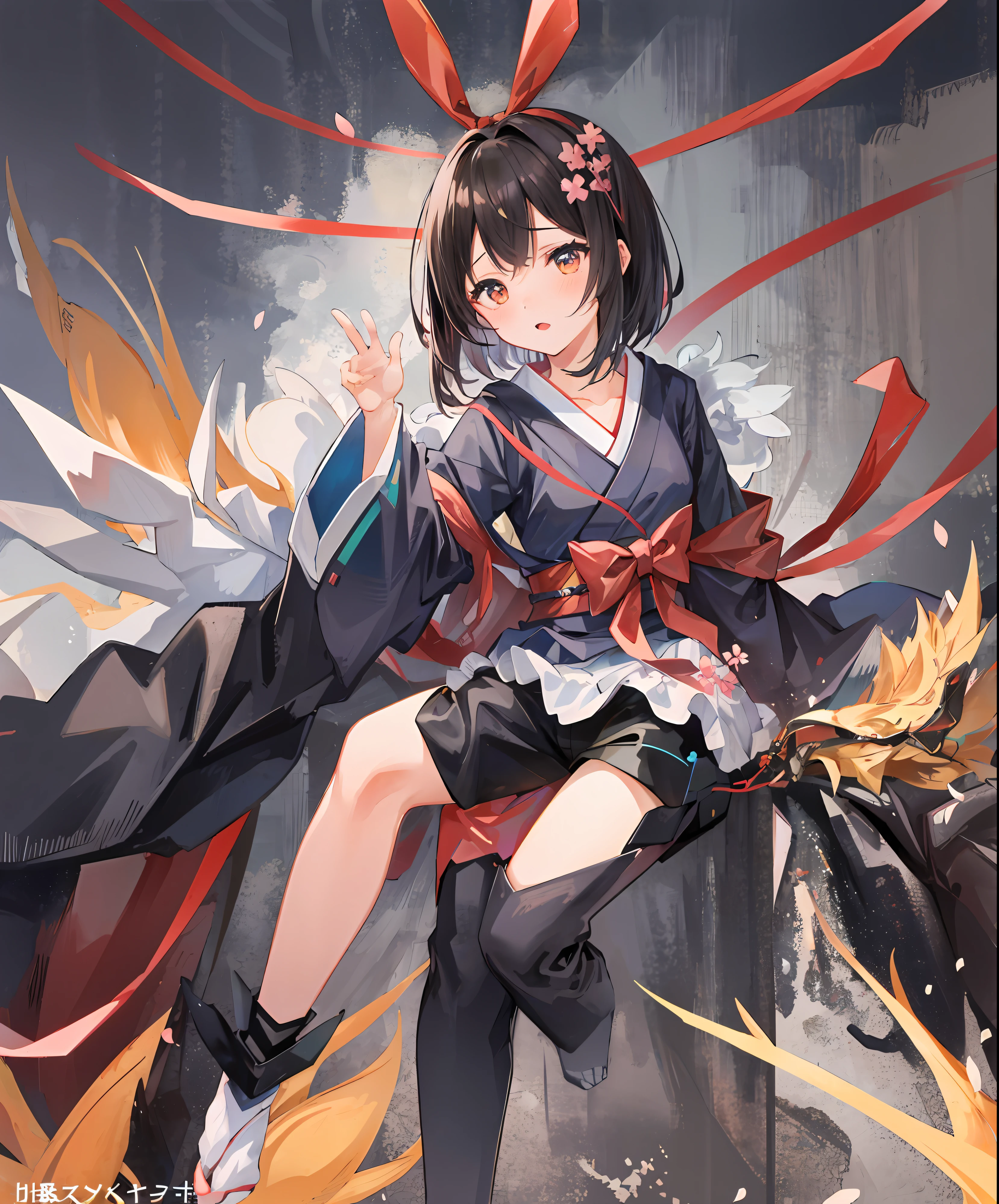 Cherry blossom spirit, short bob, Japanese bow, small breasts, black hair, fantastic, super definition, high quality, 8k, super beautiful, anime style, full body, composition looking up from below
