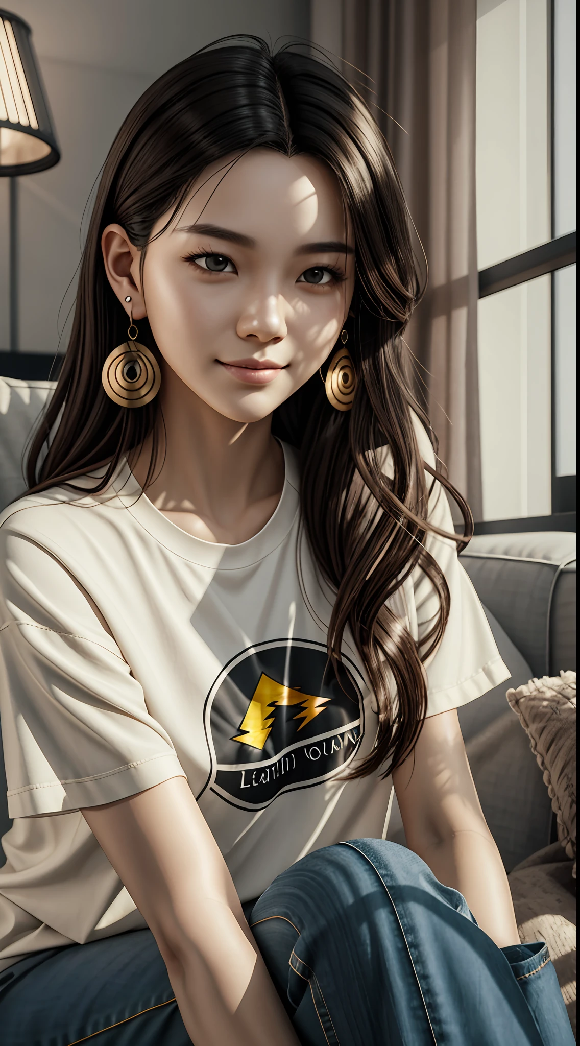 [25-year-old female],[face: round], [eyes: almond eye shape, brown color, thick and curved eyebrow shape], [Nose: Sticky shape, small hole], [Mouth: thick lip shape, Neat teeth], [Chin: Tyre chin shape, Sunken chin], [Hair: Long hairstyle, black color,], [Ears: Small ear shape], [skin: white skin color, Smooth skin texture], [Facial expression: smile], [Activity: Sitting on the sofa in the living room],
[Top clothes: T-shirt, brown color, plaid pattern, delicate texture, casual wear style, folded clothing design, well-maintained clothing condition]
Professional photograph of a stunning woman detailed, cinematic lightning, octane render, unreal engine, volumetrics dtx