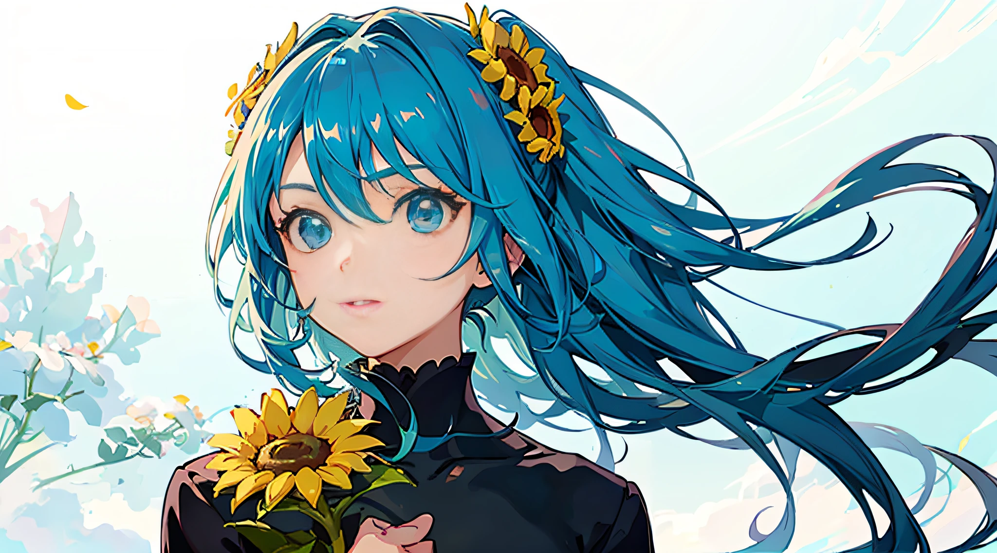 anime girl with sunflower and sign saying best smoothing, beautiful sunflower anime girl, cute, official fan art, anime style, official art, anime style characters, anime style, anime aesthetic, cute, anime art style, high quality fan art, anime style illustration