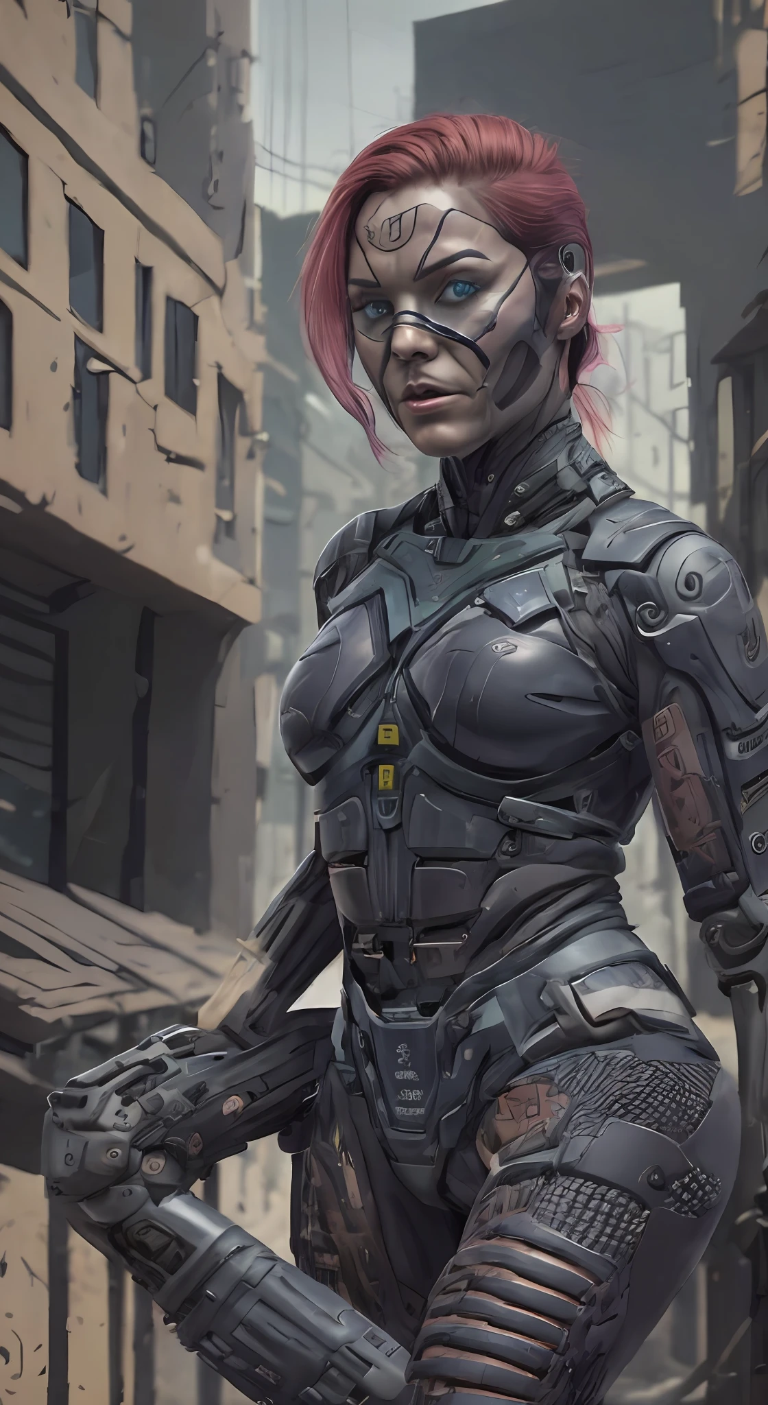 A Red-haired Woman Body Cybernetic Style Comics Strong Beautiful Blue Eyes Military Pants And Blouse Dark Green European Short Hair With Tattoo And Wears Military Boots Style (Cyberpunk Realistic) 8k