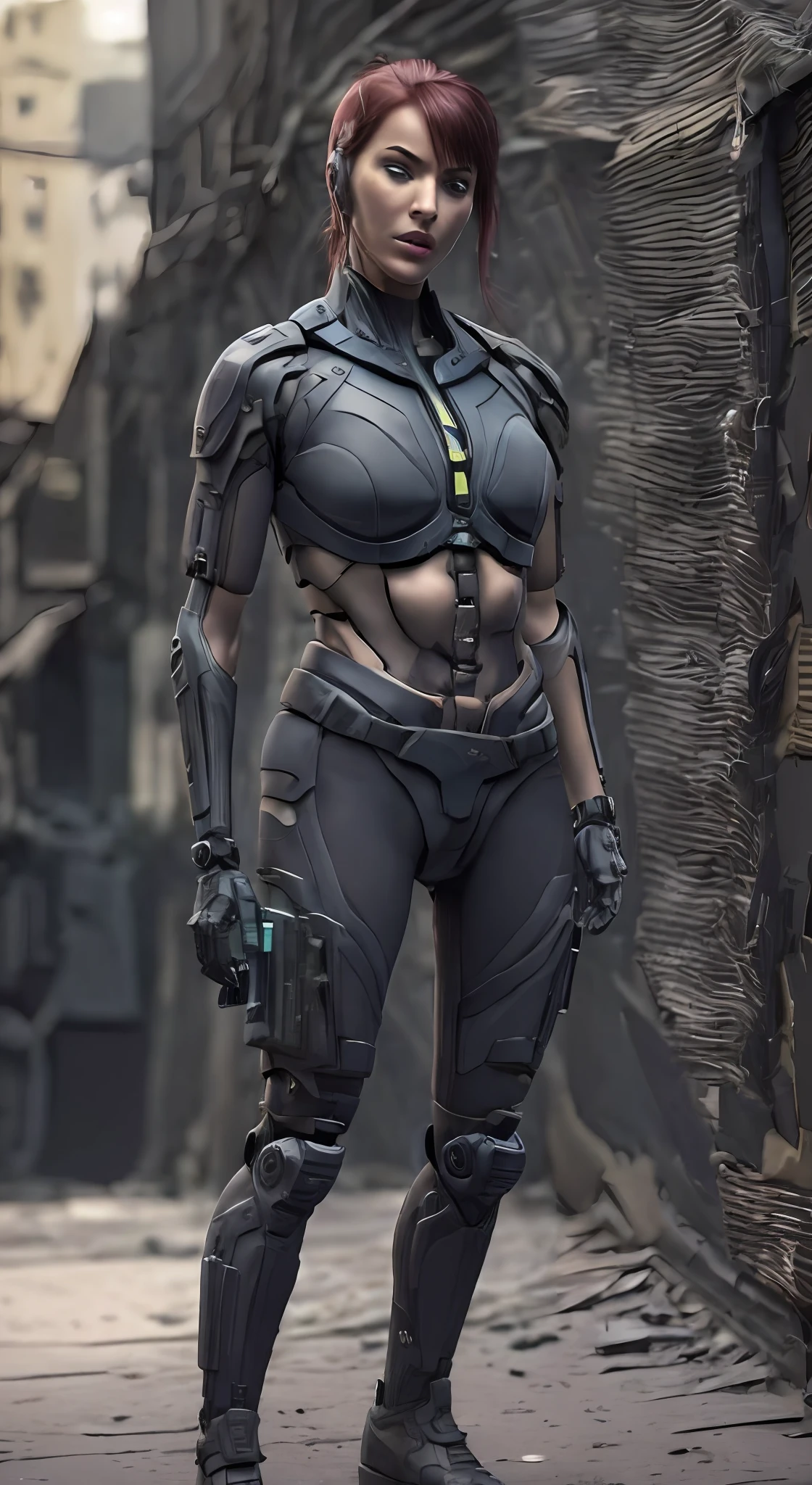 A Red-haired Woman Body Cybernetic Style Comics Strong Beautiful Blue Eyes Military Pants And Blouse Dark Green European Short Hair With Tattoo And Wears Military Boots Style (Cyberpunk Realistic) 8k