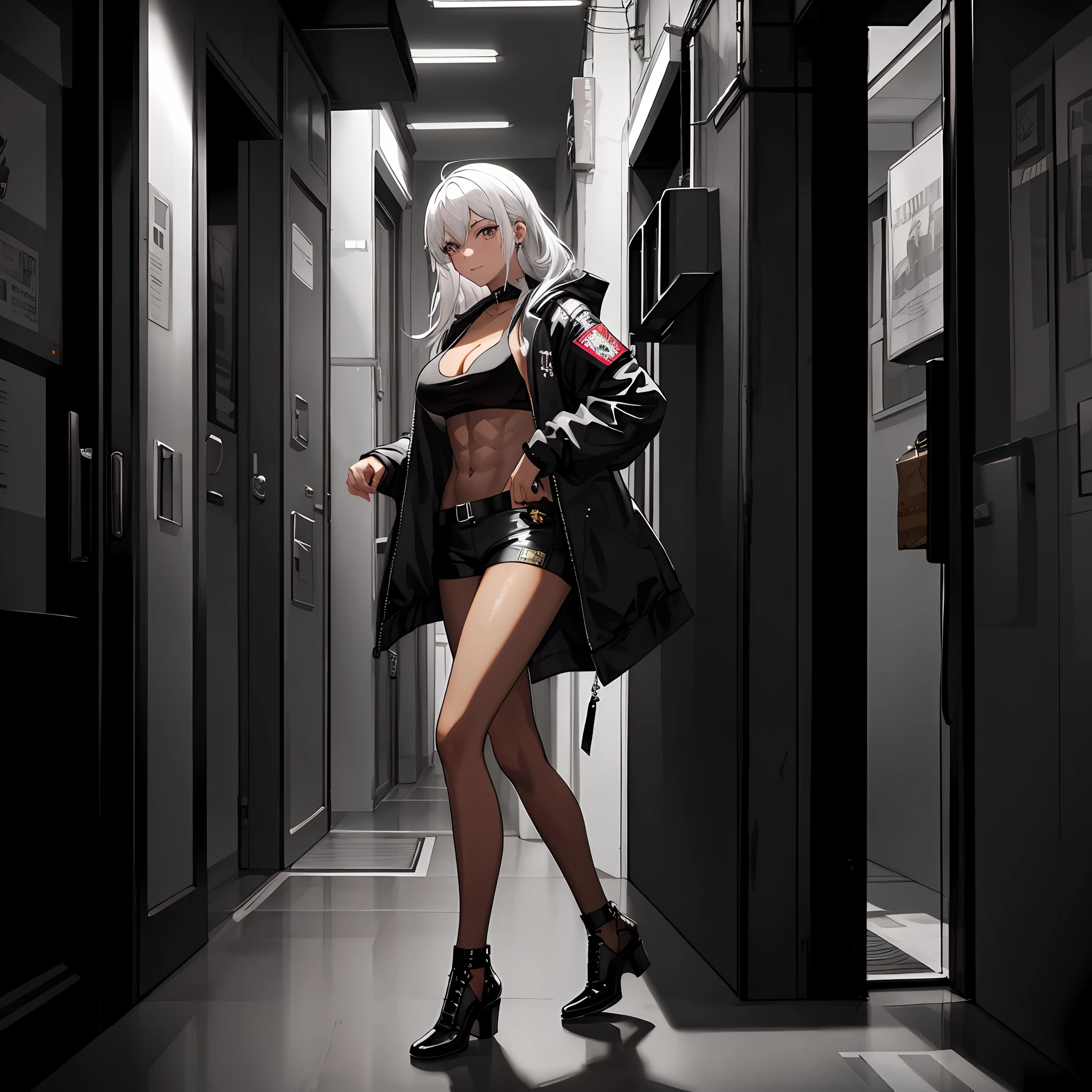 absurdres, highres, ultra detailed, (1 girl: 1.2),huge breasts, large breasts, (dark tan skin: 1.2), abs: 1.25, unity 8k wallpaper,a woman, fishnet stockings, Dynamism, cinematic shot, intricate details, (lifting jacket: 1.3), (visible skin: 1.3), casual clothes, indoors, tease, playful expression, (masterpiece, ultra highres, detailed background:1.5), (intricate surroundings: 1.3), (elaborate scenery:
1.3), (rich textures: 1.3), (detailed lighting: 1.2), (dramatic shadows: 1.2), (vivid color palette: 1.2),outside, walking, body twisting, seductive pose, white hair, bright lighting, White clothes, city background , cyberpunk,