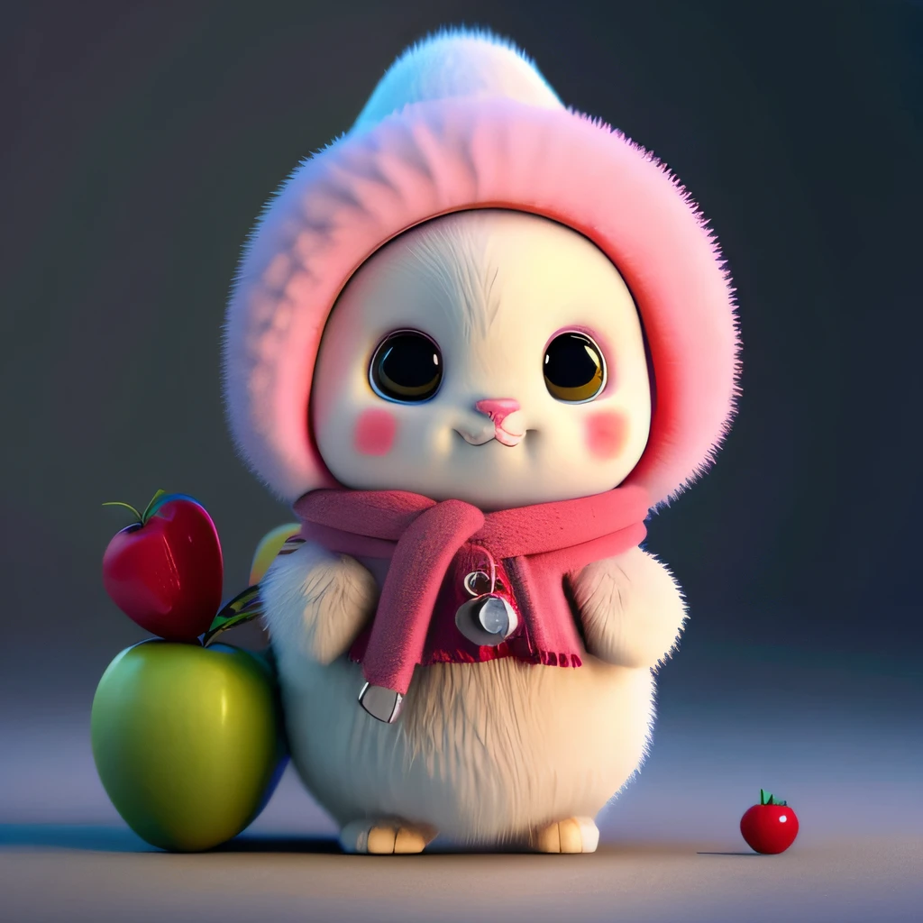 : 3. bunny, realistic, furry animal, apple, black eye, blush, cherry, food, fruit, full body, hat, non-human, strawberry, tomato, watermelon