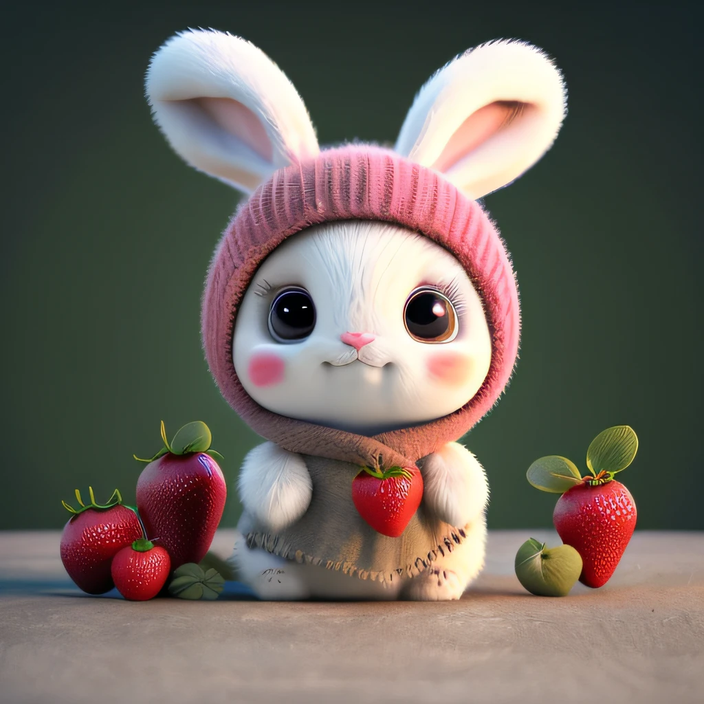 : 3. bunny, realistic, furry animal, apple, black eye, blush, cherry, food, fruit, full body, hat, non-human, strawberry, tomato, watermelon
