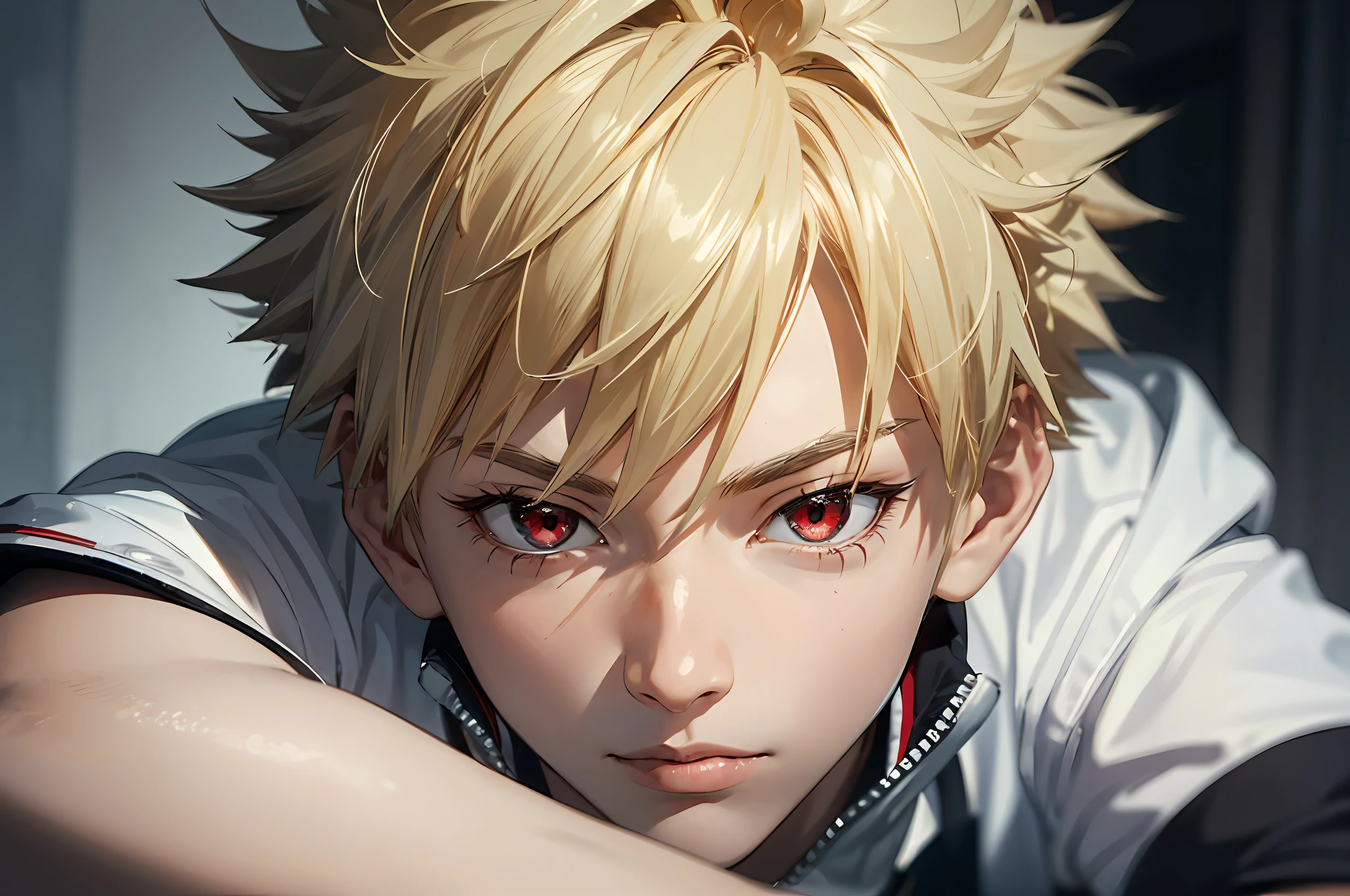 ((masterpiece, top quality, super definition, high definition)), one boy, katsuki bakugou,My Hero Academia,blonde short hair and red eyes, shining eyes, perfect red eyes, 19 years old, black platinum theme,