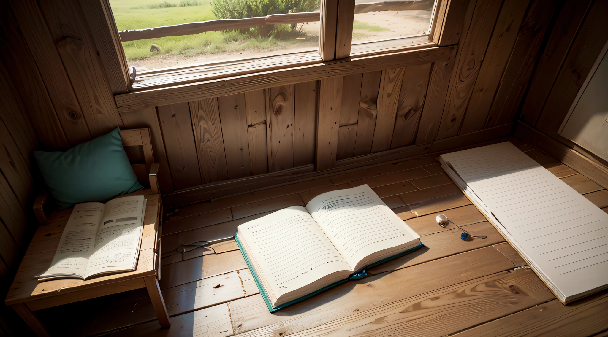 old hut, on the floor an old diary, notebook on the floor, caba with little lighting, --auto