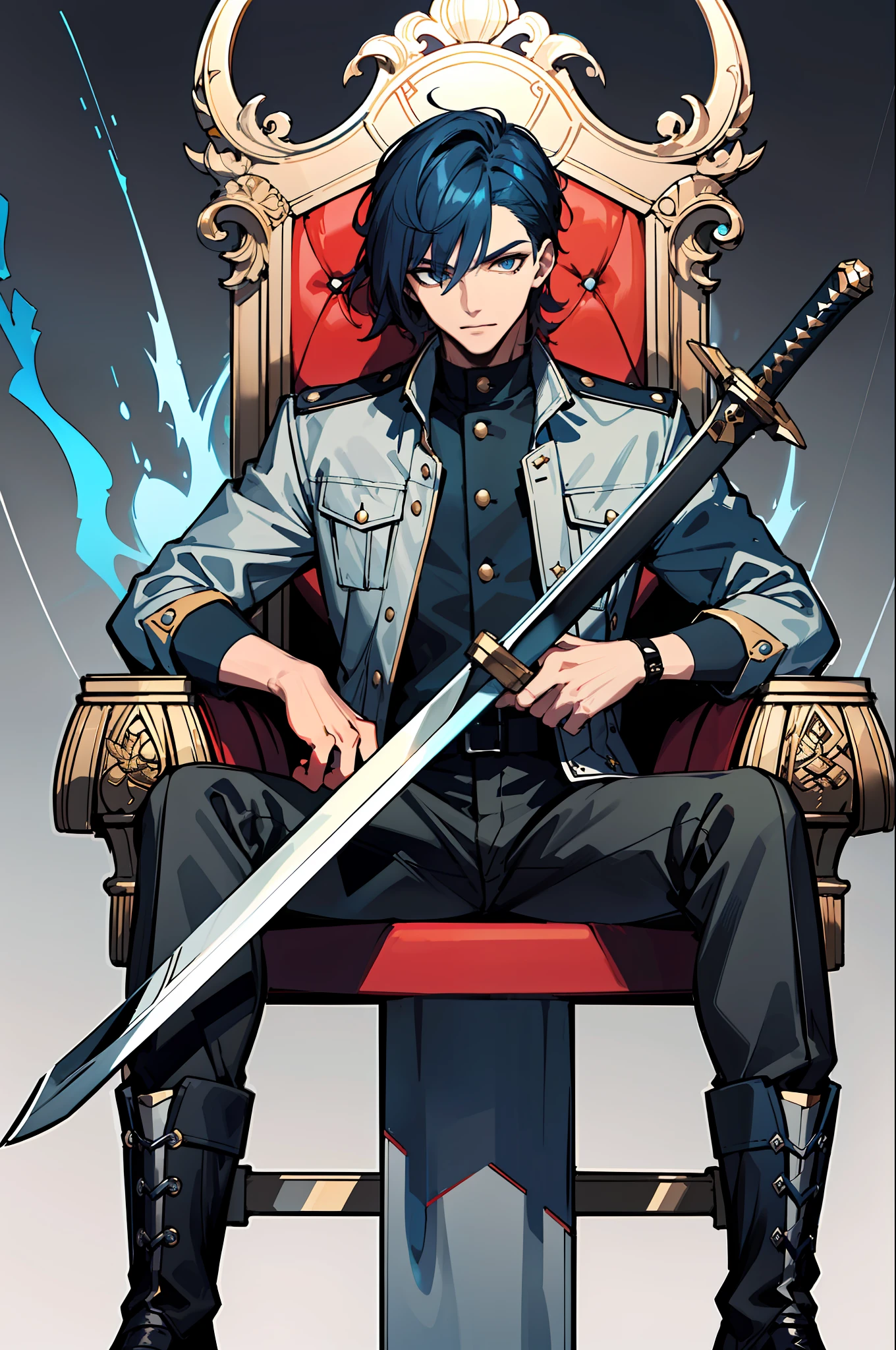 (absurdres, highres, ultra detailed), 1 male, adult, handsome, beautiful eyes, average height muscular guy, finely detailed eyes and detailed face, medium length blue hair, grey colored biker jacket, black pants, doc martin boots, fantasy, magnificent background, throne, magic effect, flame, detailed fantasy sword leaning on throne,