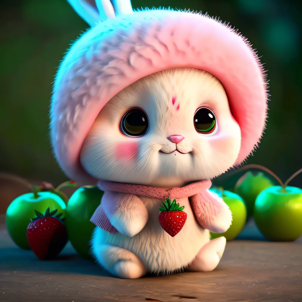 : 3. bunny, realistic, furry animal, apple, black eye, blush, cherry, food, fruit, full body, hat, non-human, strawberry, tomato, watermelon