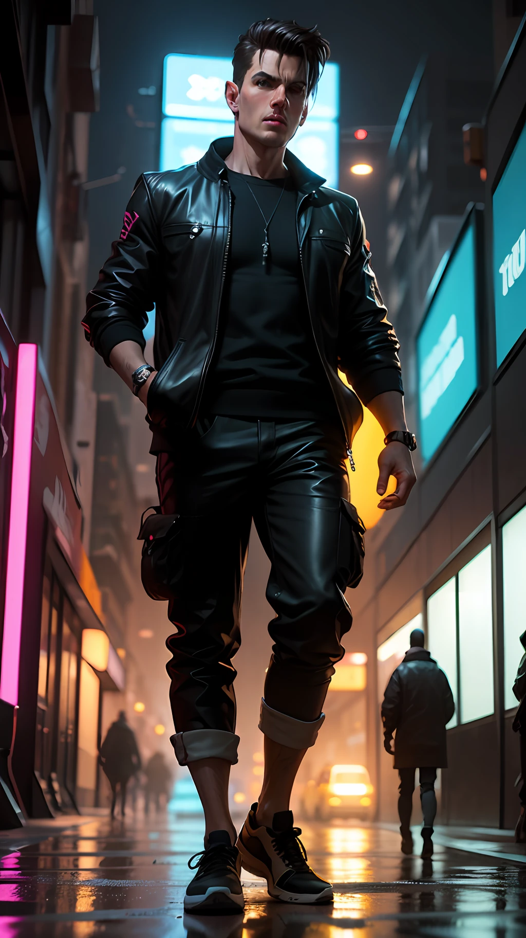 tom cruise, loish, jeremy mann, full body shot, character sheet, lightningwave, 3d, cgi, glowing neon, cyberpunk, streetwear outfit, ☂️, neon city --auto