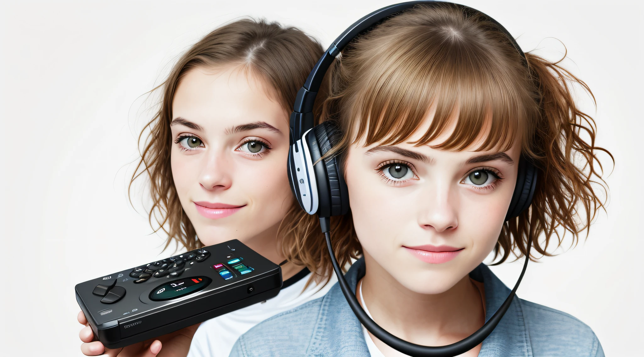 mENINA BLONDE CHILD, PORTRAIT, INFINITE WHITE BACKGROUND, WITH DISCMAN.