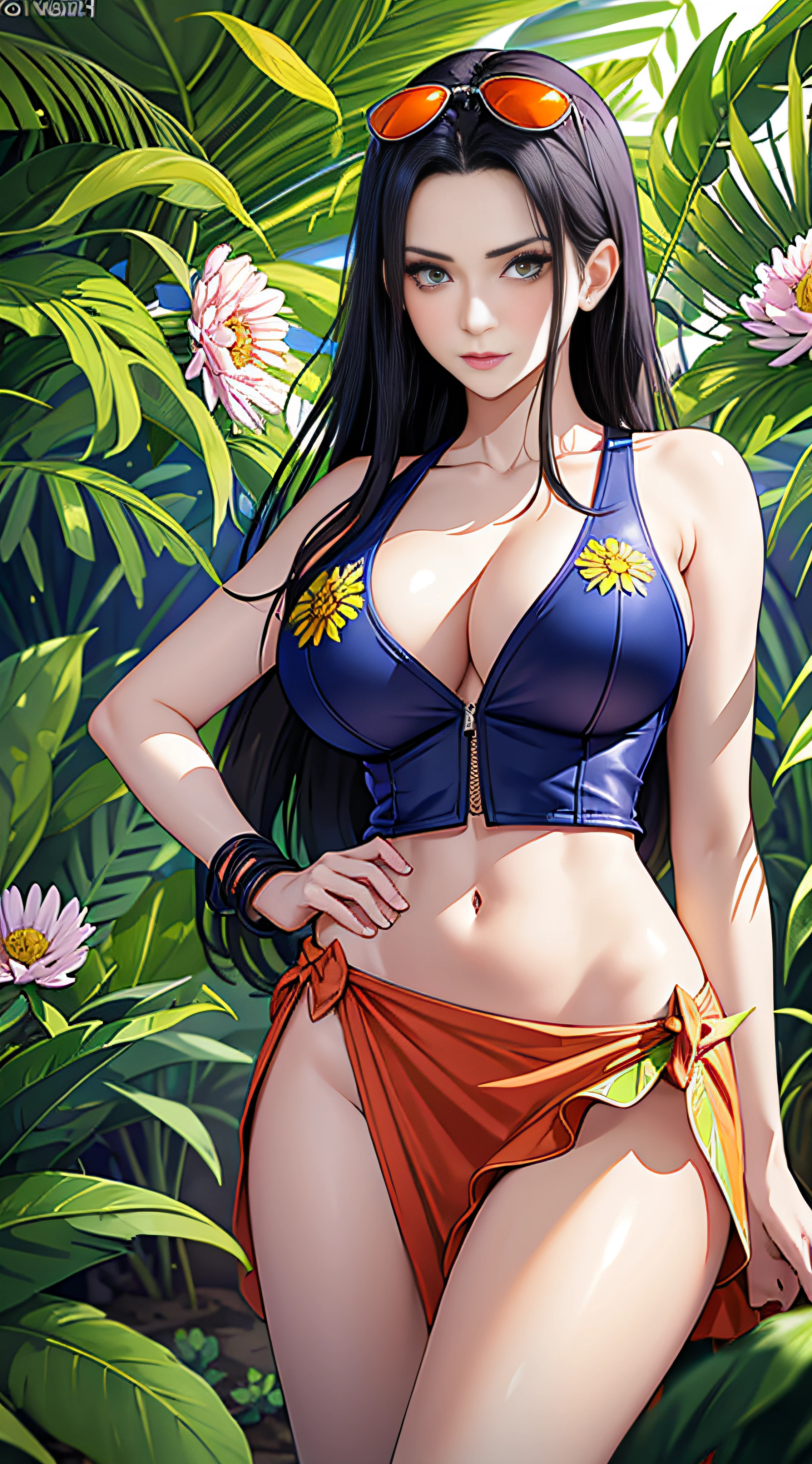 masterpiece, best quality,8k,highestres, absurdres, extremely detailed, nico robin, 1 russian girl, solo, looking at viewer, long silky hair, her outfit is a long red salmon sarong skirt that has a design of a green seaweed with red and yellow flowers on the side with ruffles that bares her hips with a partially-zipped short-sleeved navy blue leather vest with a V-neck line and an image of Chrysanthemum-morifolium is printed on the left breast near the shoulder that exposes her stomach, She wears white sunglasses with orange lenses which she hangs on her forehead, full body shot, (Egypt background),///,