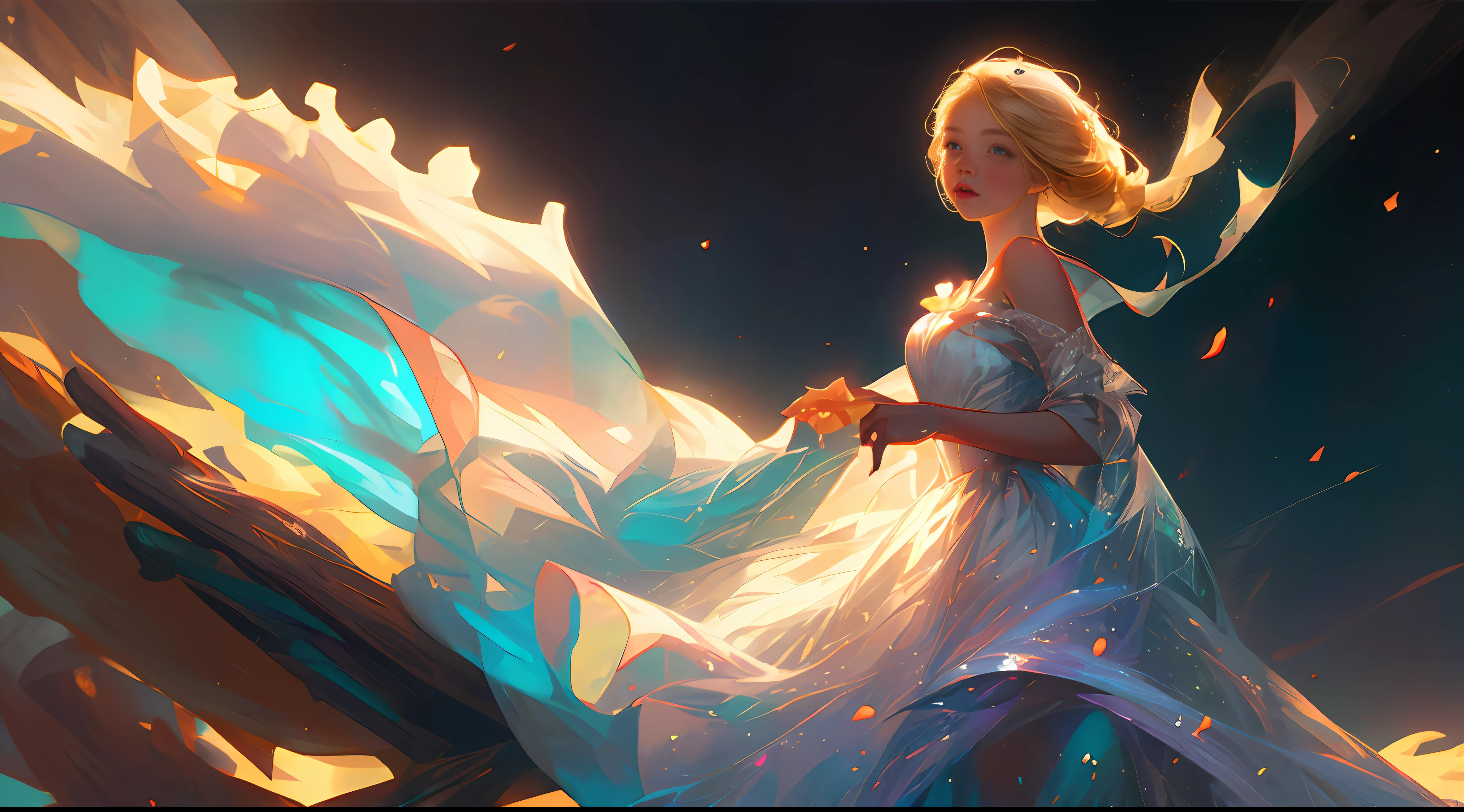 (best quality, masterpiece), 1girl, posing in the bed, lace dress, particle, wind, flower, simple background, looking at viewer, blonde, galaxy,backlit,rim light,glow