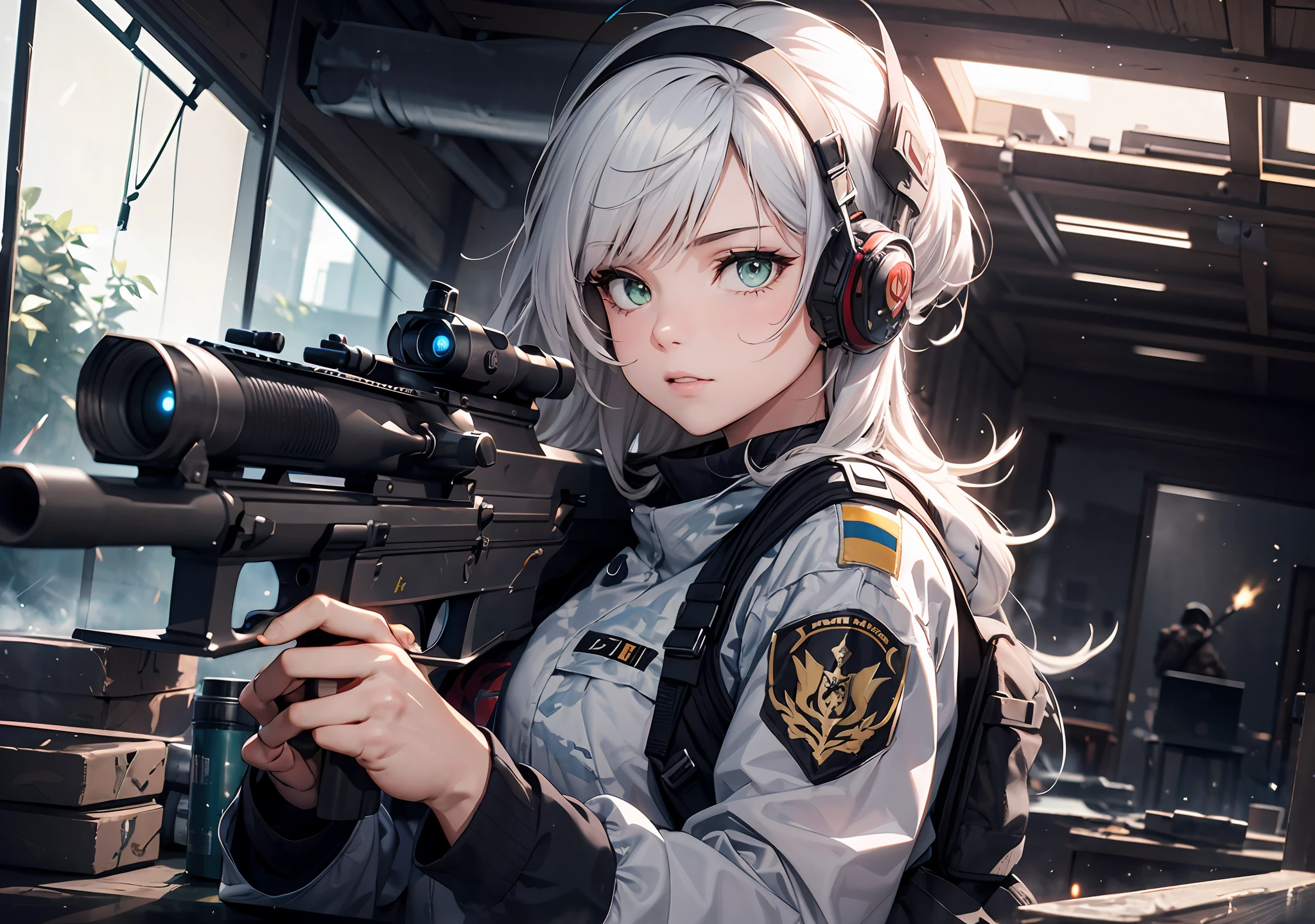 Holding a gun with a gloved left hand