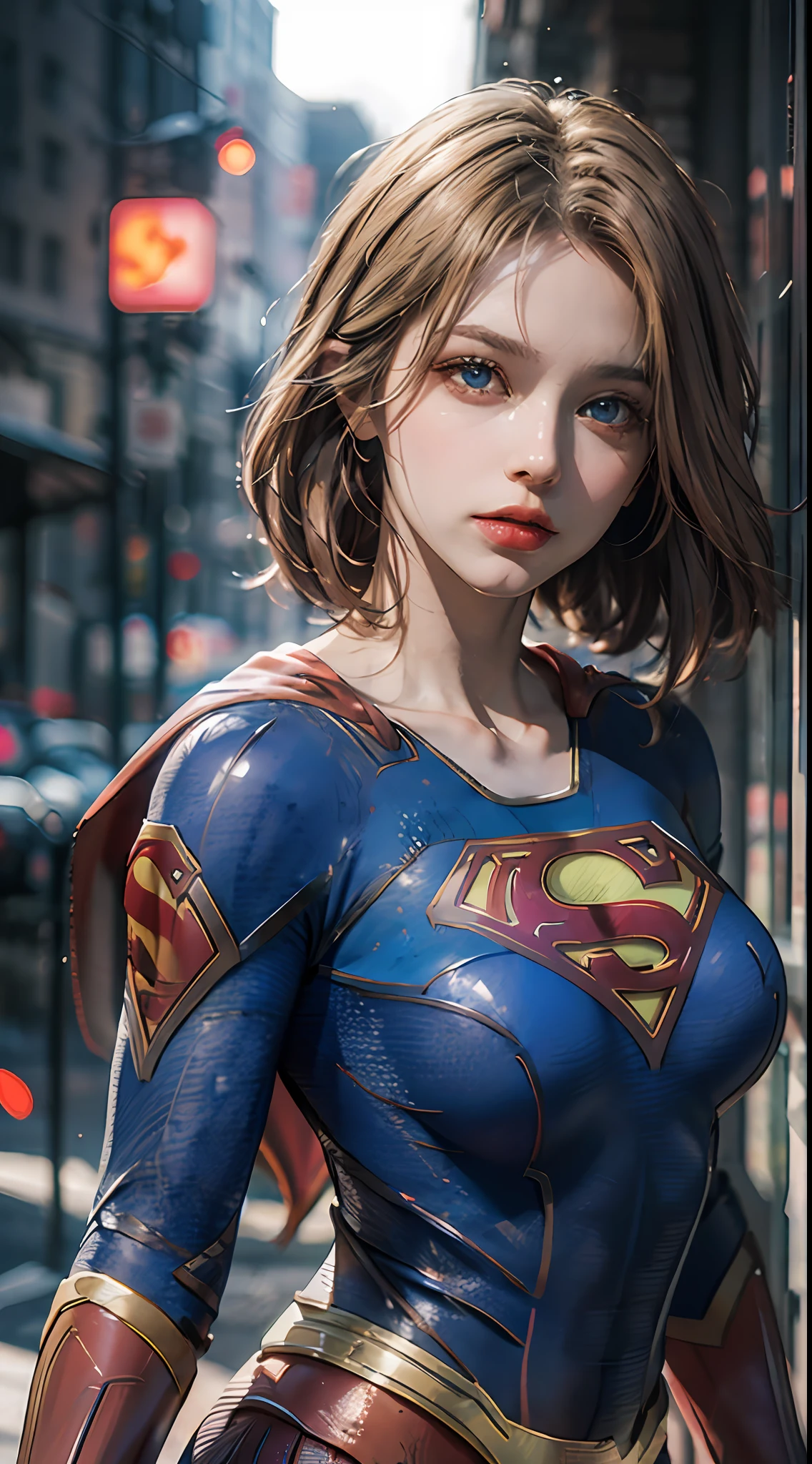 ((Best Supergirl Quality)), ((Masterpiece)), (detail: 1.4), 3D, Image of a Beautiful Blonde Woman with Cyberpunk Blue Eyes, HDR (High Dynamic Range), Ray Tracing, NVIDIA RTX, Super Resolution, Unreal 5, Subsurface Dispersion, PBR Texture, Post Processing, Anisotropic Filtering, Depth of Field, Maximum Sharpness and Sharpness, Multi-layer Texture, Albedo and Highlight Maps, Surface Coloring, Accurate Simulation of Light-Material Interactions, Perfect Proportions, Octane rendering, duotone lighting, large aperture, low ISO, white balance, rule of thirds, 8K RAW, chest using Superman S symbol. Cyberpunk.