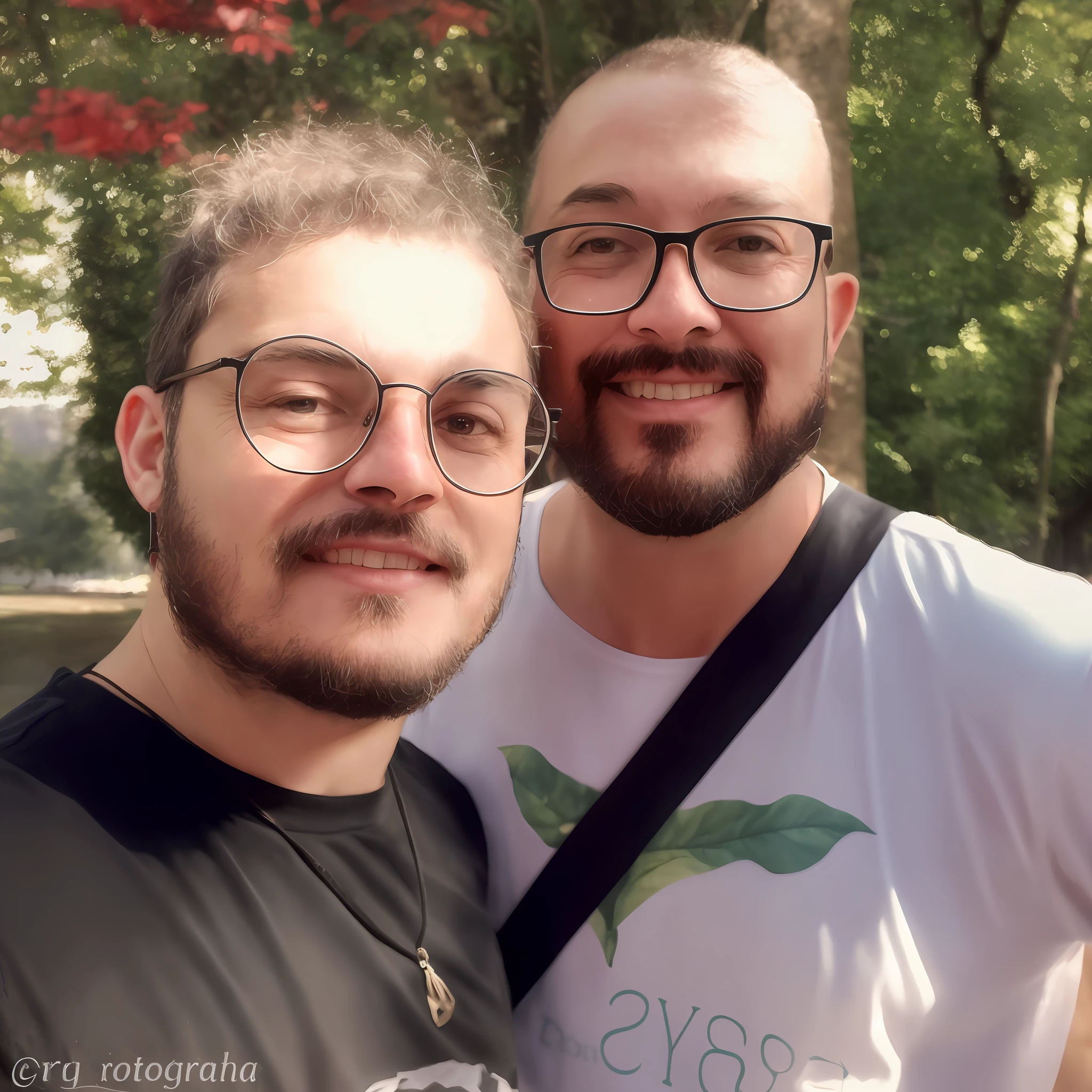 there are two men standing together in the park posing for a picture, fotografia, with nerdy! glasses! and goatee, petros and leonid, gay, in sao paulo, foto realista, trees in the background, with nerdy glasses and goatee, mars ravelo and greg rutkowski, paul pepera pablo roldan, two handsome men