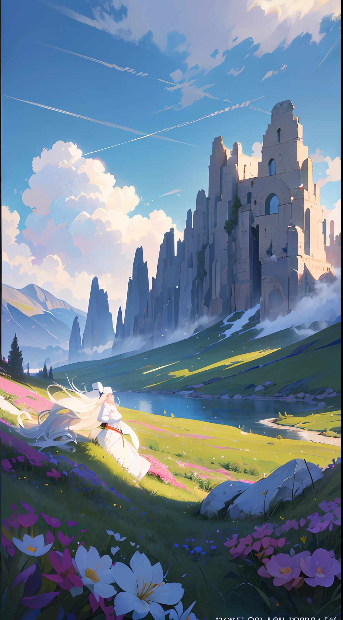 ((best quality)), ((masterpiece)), (ultra-detailed), (illustration), (detailed light), (extremely delicate and beautiful), ((trim)), incredibly_absurdres, (ray tracing), (signature), (English text: 1.5), (beautiful sky)), (landscape), (mountain), (cloud), (nature), (grass), (fog), (flower), (river), ((Solo: 1.8)), (1 Girl: 1.8), (A Beautiful Girl), ((Full Body Shot)), ((Standing)), (Back Face), (+Perfect Hands+: 1.21), ((((White Coat))), ((Beautiful White Dress + White Knee Boots)), (((Belt)), ((White Hat)), (White Scarf), (Leg Ring), ((Long white_hair)), (Signature), (English text: 1.5), ((Beautiful sky)), (Landscape), (Mountain)), (Cloud), ((Nature)), (Grass), (Fog)), (Pine), (Flower), (River), People Shot,