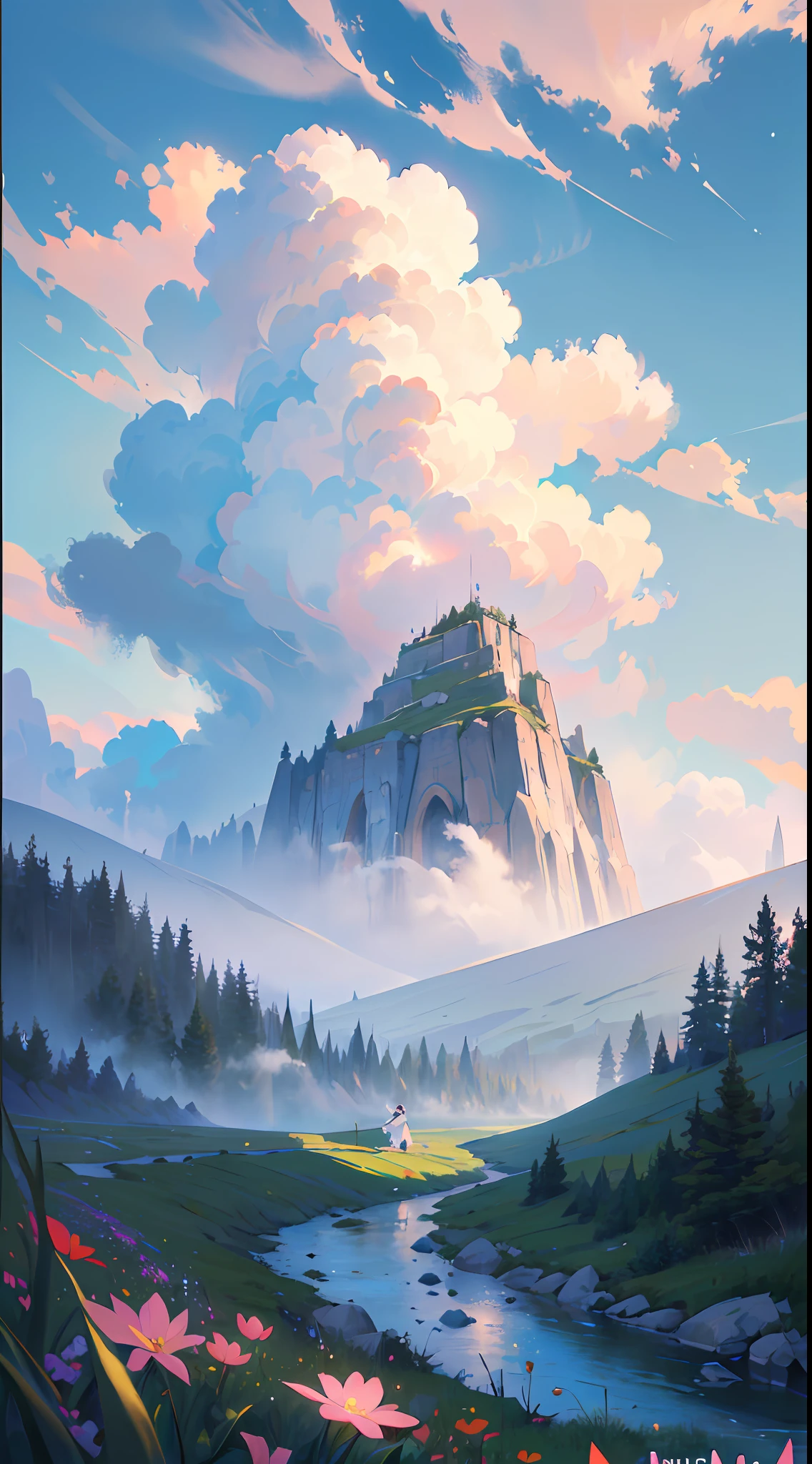 ((best quality)), ((masterpiece)), (ultra-detailed), (illustration), (detailed light), (extremely delicate and beautiful), ((trim)), incredibly_absurdres, (ray tracing), (signature), (English text: 1.5), (beautiful sky)), (landscape), (mountain), (cloud), (nature), (grass), (fog), (flower), (river), ((Solo: 1.8)), (1 Girl: 1.8), (A Beautiful Girl), ((Full Body Shot)), ((Standing)), (Back Face), (+Perfect Hands+: 1.21), ((((White Coat))), ((Beautiful White Dress + White Knee Boots)), (((Belt)), ((White Hat)), (White Scarf), (Leg Ring), ((Long white_hair)), (Signature), (English text: 1.5), ((Beautiful sky)), (Landscape), (Mountain)), (Cloud), ((Nature)), (Grass), (Fog)), (Pine), (Flower), (River), People Shot,