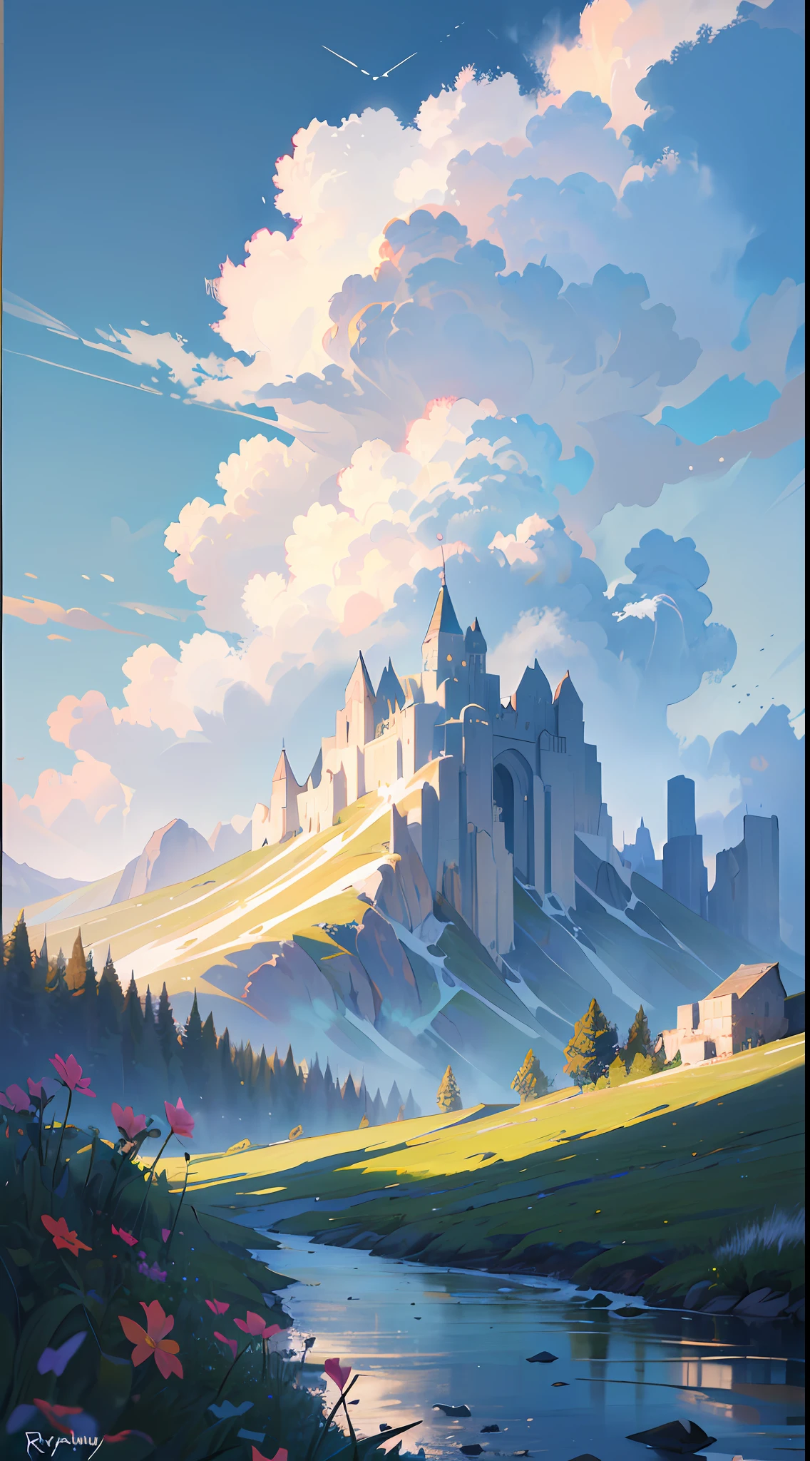 ((best quality)), ((masterpiece)), (ultra-detailed), (illustration), (detailed light), (extremely delicate and beautiful), ((trim)), incredibly_absurdres, (ray tracing), (signature), (English text: 1.5), (beautiful sky)), (landscape), (mountain), (cloud), (nature), (grass), (fog), (flower), (river), ((Solo: 1.8)), (1 Girl: 1.8), (A Beautiful Girl), ((Full Body Shot)), ((Standing)), (Back Face), (+Perfect Hands+: 1.21), ((((White Coat))), ((Beautiful White Dress + White Knee Boots)), (((Belt)), ((White Hat)), (White Scarf), (Leg Ring), ((Long white_hair)), (Signature), (English text: 1.5), ((Beautiful sky)), (Landscape), (Mountain)), (Cloud), ((Nature)), (Grass), (Fog)), (Pine), (Flower), (River), People Shot,