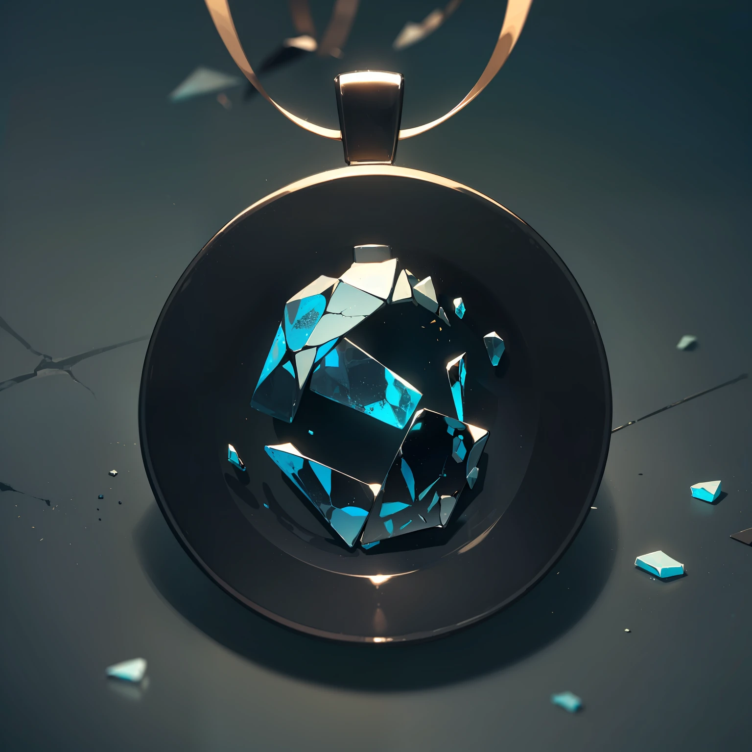 (A broken black jade pendant: 1.9) (The pendant is shattered into multiple pieces: 1.8) (The fragments have sharp edges and irregular shapes: 1.7) (The black jade reflects a subtle sheen in the light: 1.8) (There is a sense of loss and fragility in the brokenness: 1.6)