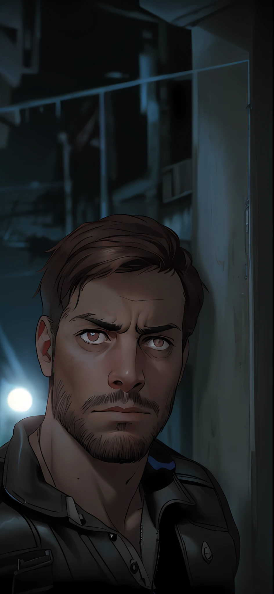 (Resident Evil 2 remake), man face 30 years, black colored eyes, black pupils, illuminated face, best quality, masterpiece, wearing black tank top inside, bright red long sleeve leather jacket outside, hair in the wind, dark brown hair color, medium long hair, dark streets in the background, night, dark atmosphere, depth of field, serious challenging face, detailed face, fixed gaze on camera, focused gaze, high resolution: 1.2,