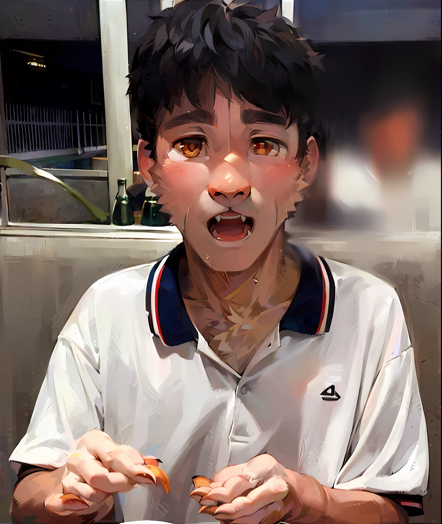 (Dark Environment: 0.8), Masterpiece, High Quality, Abstract Res, Digital Painting\(artwork\), by Dagasi, Yupa, Kiyosan, (Anthro, Fluffy Fur, Character Focus: 1.1), Anthro Male Cat, Short Hair, Portrait , bright eyes, panorama, character focus. (detailed background: 0.7), solo, furry, furry male, male focus, anthr, (full body fur, fluffy tail, tiger fur, brown tiger eyes, gray hair: 1.2), (cute, feline, tiger man, tiger, chubby), (bedroom, tiger stripe, tiger skin, tiger teeth) all over tiger stripe. The changes are not obvious, only obvious tiger feathers