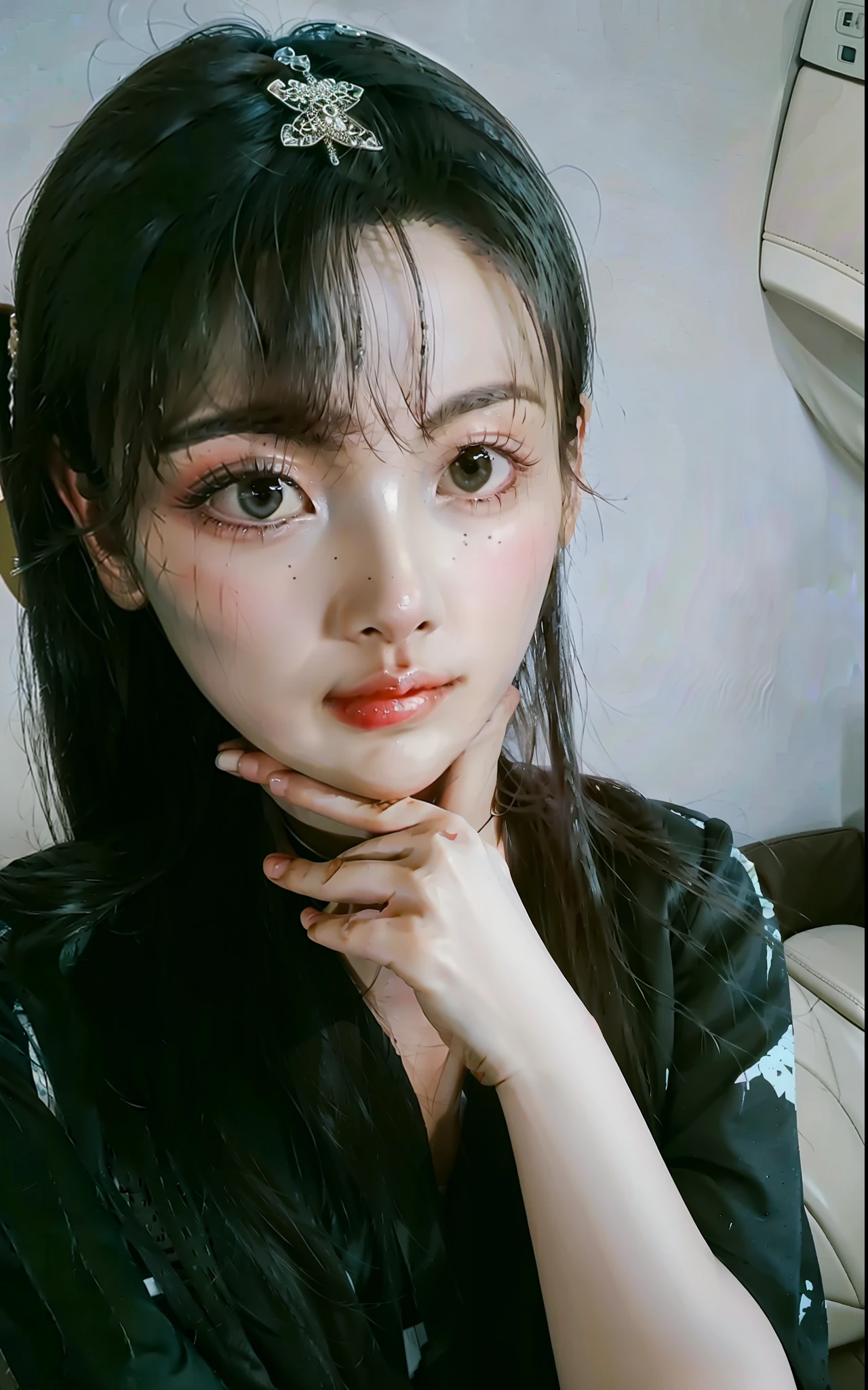 there is a woman with long hair and a black shirt posing for a picture, ulzzang, headshot profile picture, inspired by Ma Yuanyu, girl cute-fine-face, xintong chen, 🤤 girl portrait, jaeyeon nam, with small nose, inspired by Kim Jeong-hui, 8k selfie photograph, xision wu