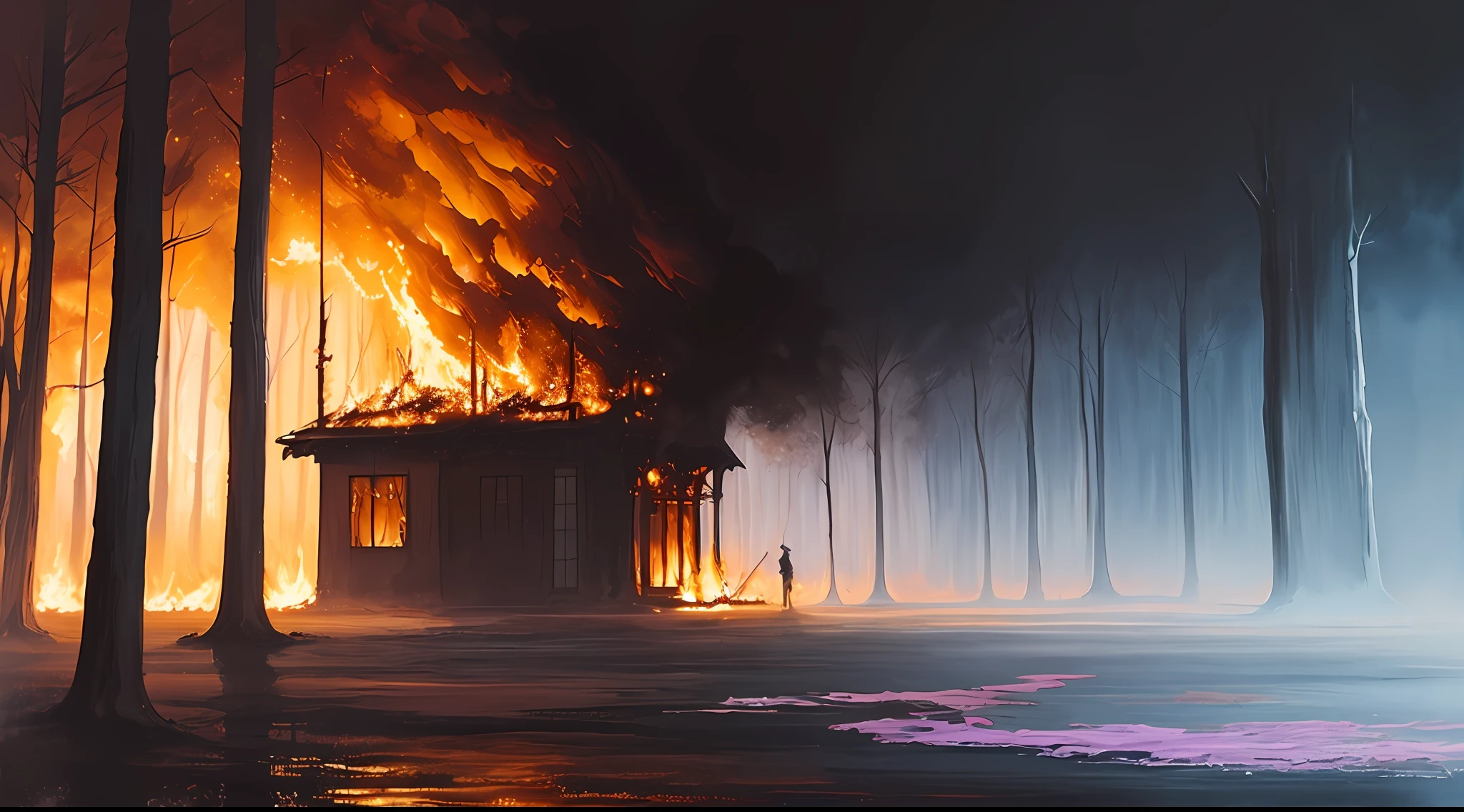 Extremely tense anime fire: human, drinking coffee in a building on fire in the background, superb playing card borders, random color art, oil painting, blue-yellow, light purple and purple additions, light red additions, intricate details, splash screen, 8k resolution, masterpiece, artstation digital painting smooth black ink flow: 8k resolution realistic masterpiece: intricate fluid gouache: Jean Baptiste Mongue: calligraphy: acrylic: watercolor art, professional photography, Natural daylight, volumetric lighting minimalist photography illustration: Marton Bobzert: complex, elegant, vast, dreamy, vibrant