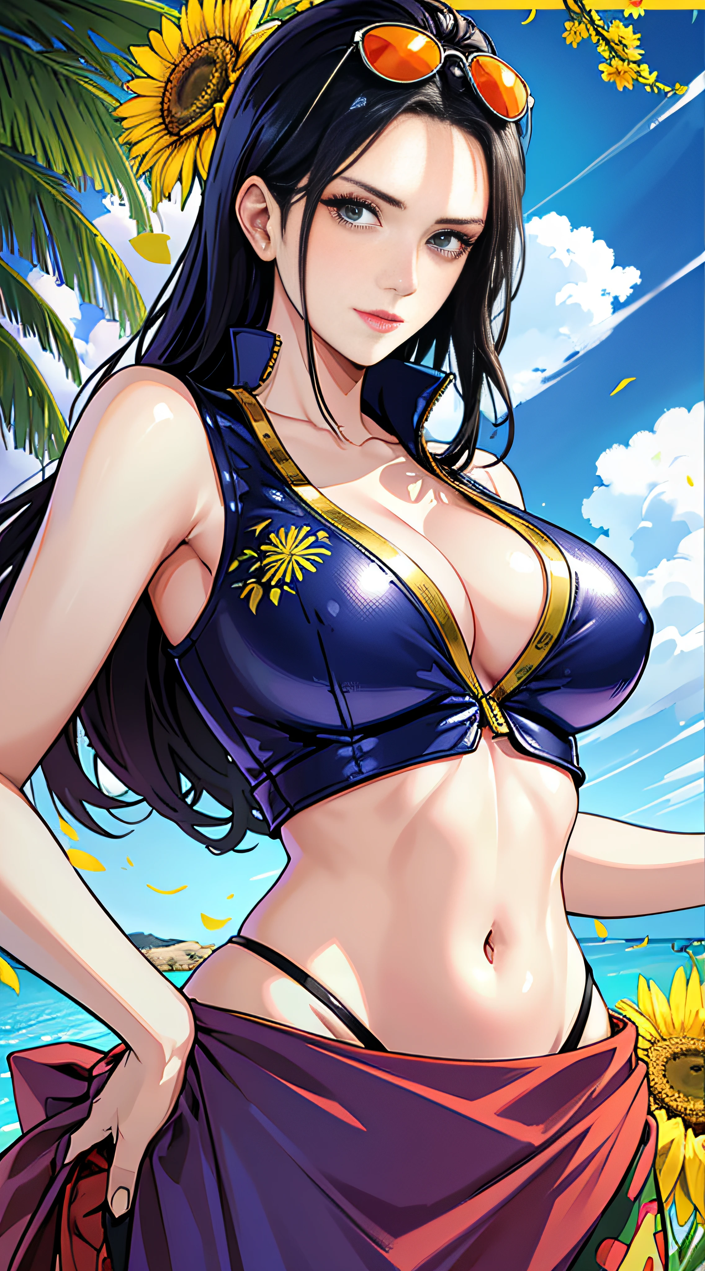 masterpiece, best quality,8k,highestres, absurdres, extremely detailed, nico robin, 1 russian girl, solo, looking at viewer, long silky hair, her outfit is a long red salmon sarong skirt that has a design of a green seaweed with red and yellow flowers on the side with ruffles that bares her hips with a partially-zipped short-sleeved navy blue leather vest with a V-neck line and an image of Chrysanthemum-morifolium is printed on the left breast near the shoulder that exposes her stomach, She wears white sunglasses with orange lenses which she hangs on her forehead, full body shot, (Egypt background),///,