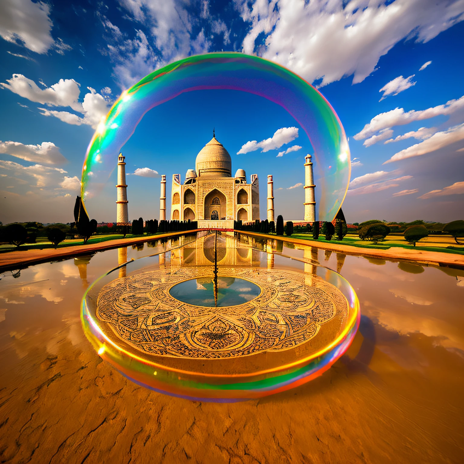 Soap bubble floating, inside the bubble in the center of the bubble, the image of the Taj Mahal, Taj Mahal occupies 30% of the size of the bubble, floats over the desert, sky with clouds reflecting rays of sun, savior style from there --auto