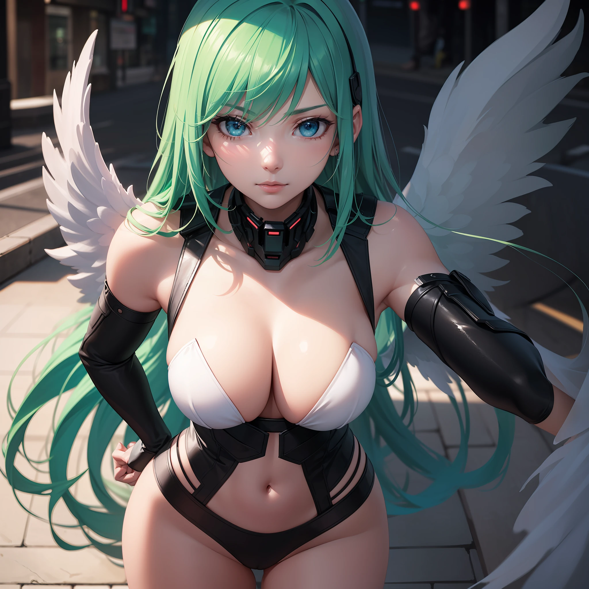 Aesthetic: 1.2), (High Resolution, Absurd Resolution, 8K Resolution, 4K Resolution: 1.3), (Complex, Complex, Retouched Images, HDR: 1.8), (Sharp Focus: 1.5), (Digital Painting: 0.8), (Anime: 1.8), Color Grade, Soft Lighting, Intense Shadows, Detailed Backgrounds, Electric Streets, Cyber, (Detailed Faces, Angel Wings: 1.3), (Detailed Eyes: 1.3), long hair, big, mint green hair, thin waist, sexy legs, blue eyes, cyber angel