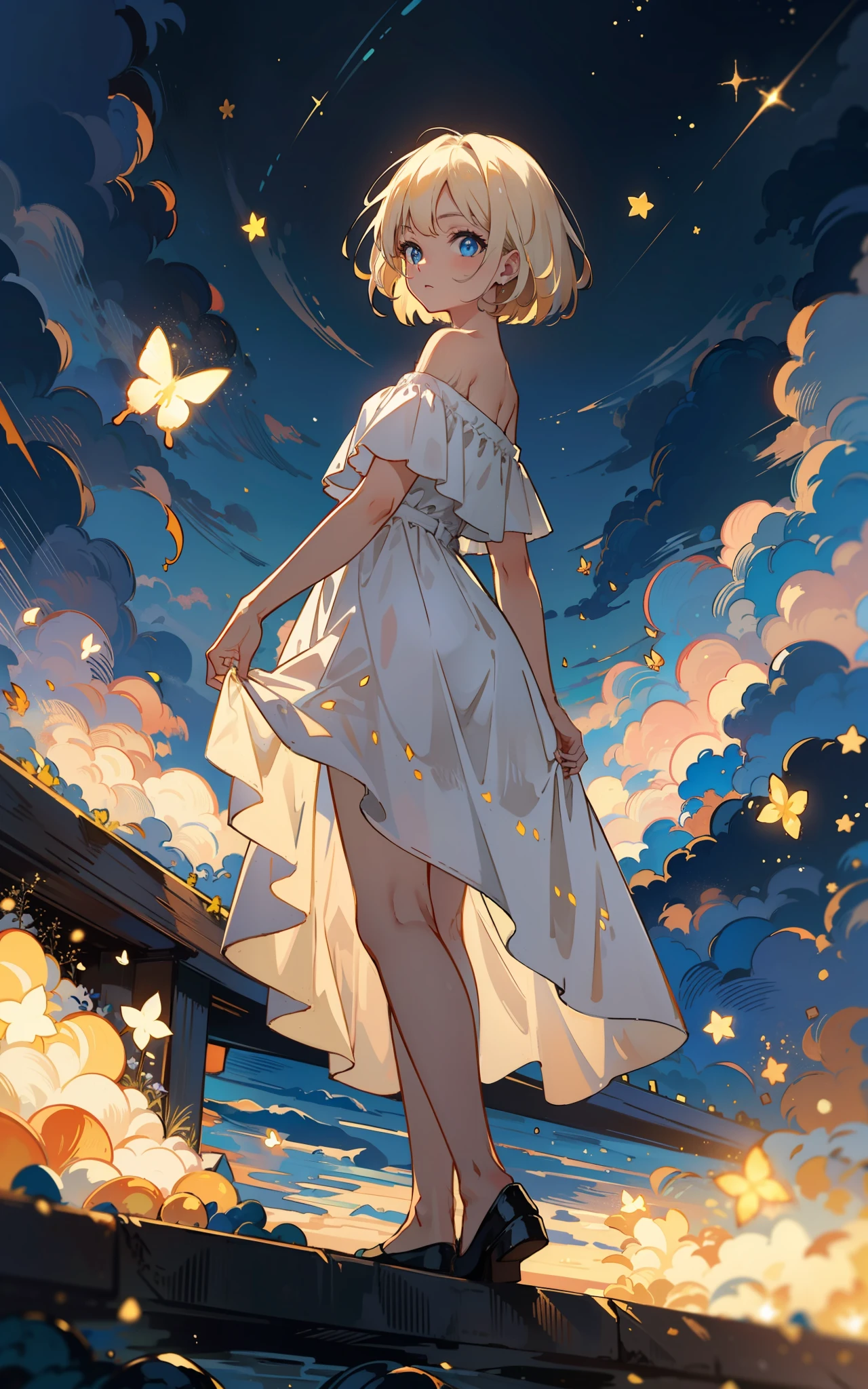 star,starlight,masterpiece,best quality,HDR.UHD.4K,8K,64K,Highly detailed,ultra-finepainting,extreme detail description,Professional, 1boy, volumetric light, platinum blonde hair, bob cut, butterfly, best quality, illustration, beautiful detailed eyes, blue eyes, pose, white costume, starry sky, standing, from below,
