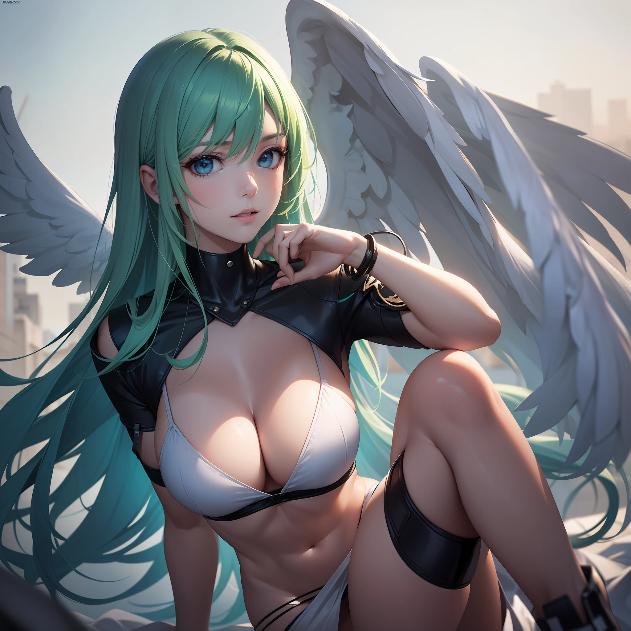 Aesthetic: 1.2), (High Resolution, Absurd Resolution, 8K Resolution, 4K Resolution: 1.3), (Complex, Complex, Retouched Images, HDR: 1.8), (Sharp Focus: 1.5), (Digital Painting: 0.8), (Anime: 1.8), Color Grade, Soft Lighting, Intense Shadows, Detailed Backgrounds, Electric Streets, Cyber, (Detailed Faces, Angel Wings: 1.3), (Detailed Eyes: 1.3), long hair, big, mint green hair, thin waist, sexy legs, blue eyes, cyber angel