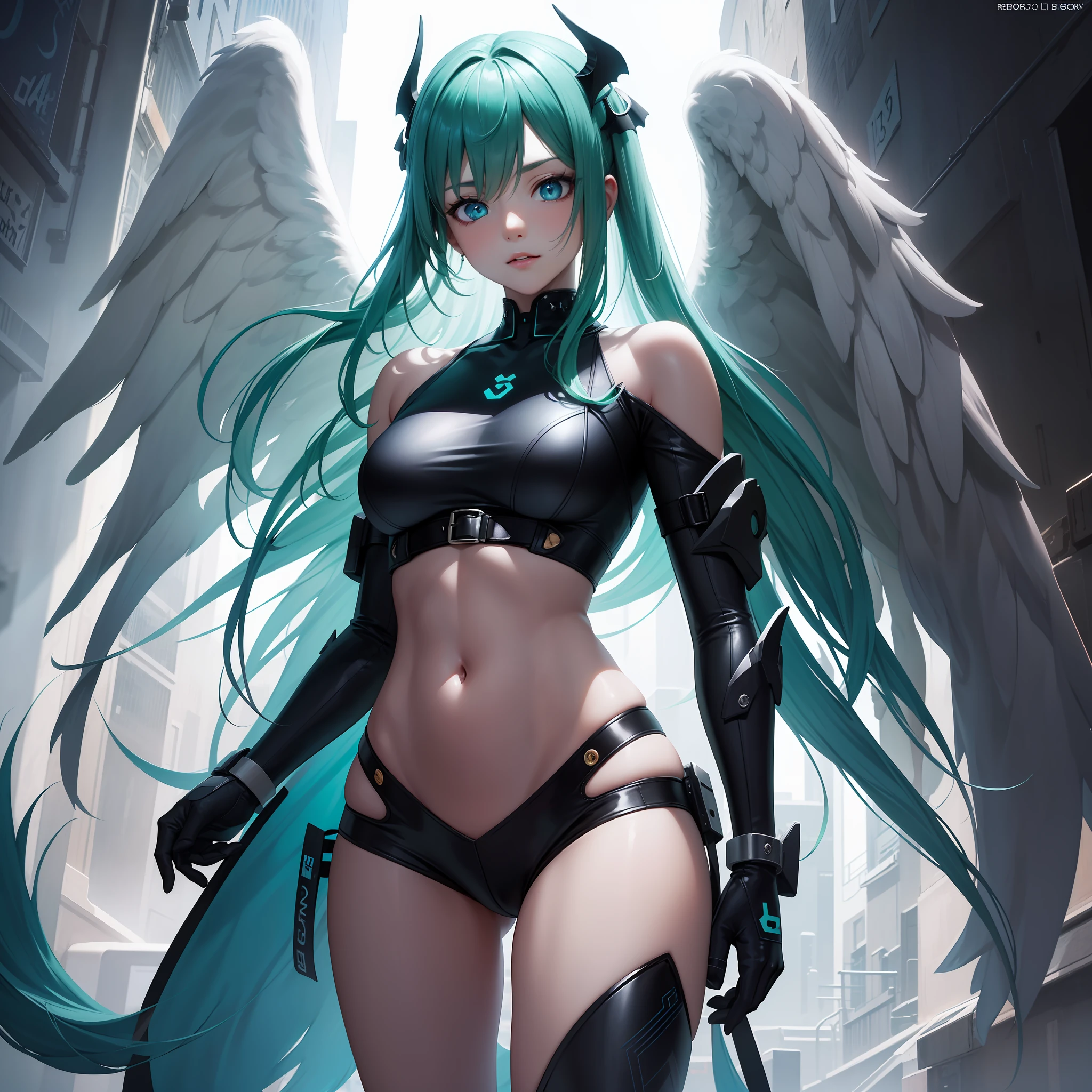 Aesthetic: 1.2), (High Resolution, Absurd Resolution, 8K Resolution, 4K Resolution: 1.3), (Complex, Complex, Retouched Images, HDR: 1.8), (Sharp Focus: 1.5), (Digital Painting: 0.8), (Anime: 1.8), Color Grade, Soft Lighting, Intense Shadows, Detailed Backgrounds, Electric Streets, Cyber, (Detailed Faces, Angel Wings: 1.3), (Detailed Eyes: 1.3), long hair, big, mint green hair, thin waist, sexy legs, blue eyes, cyber angel