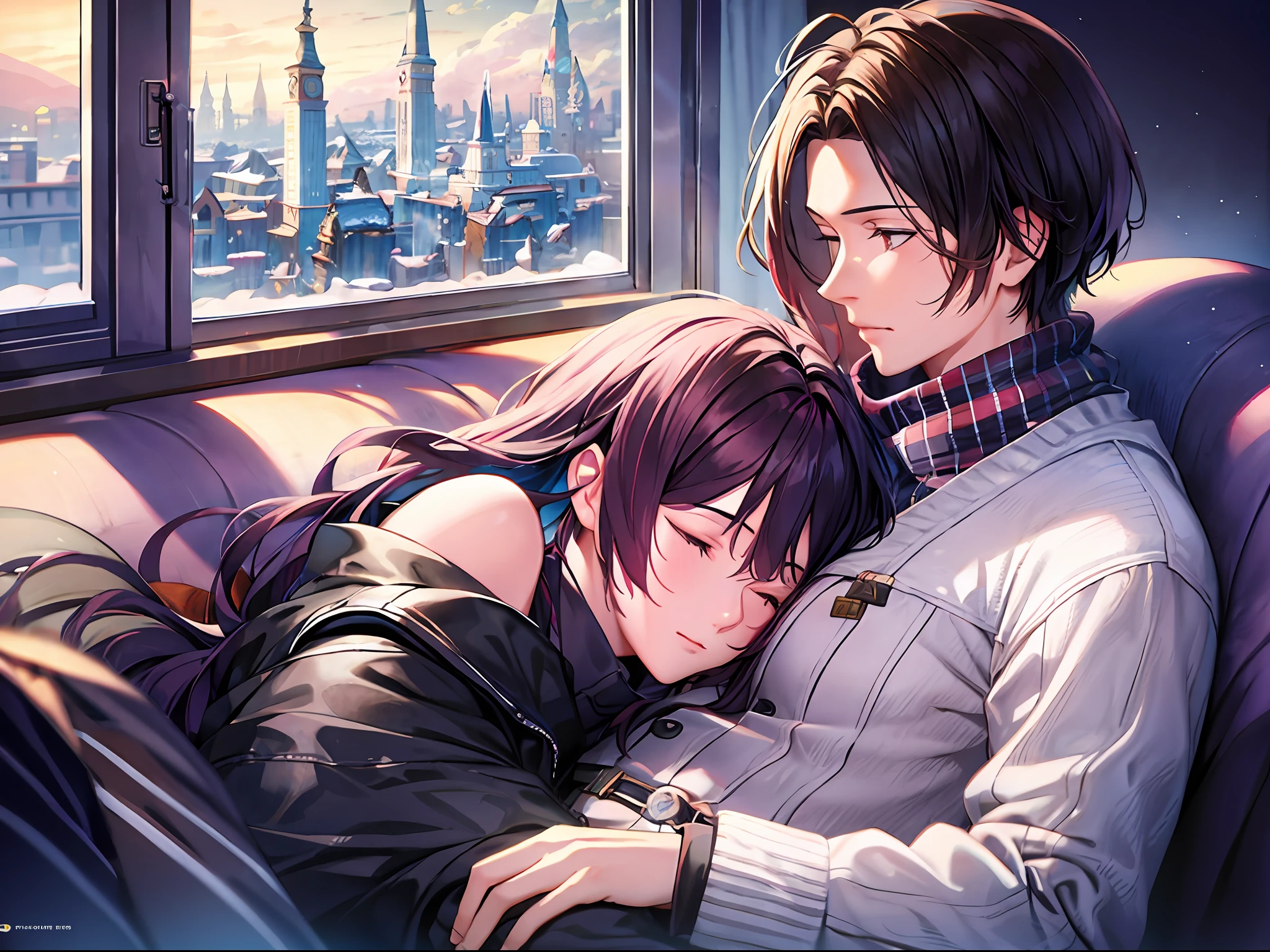 a close up shot a heart warming scene of a young man and a young woman shoulder to shoulder sleeping on the couch in winter day, with the view out the window, BREAK,Detailed,Realistic,4k highly detailed digital art,octane render, bioluminescent, BREAK 8K resolution concept art, realism,by Mappa studios,masterpiece,best quality,official art,illustration,ligne claire,(cool_color),perfect composition,absurdres, fantasy,focused