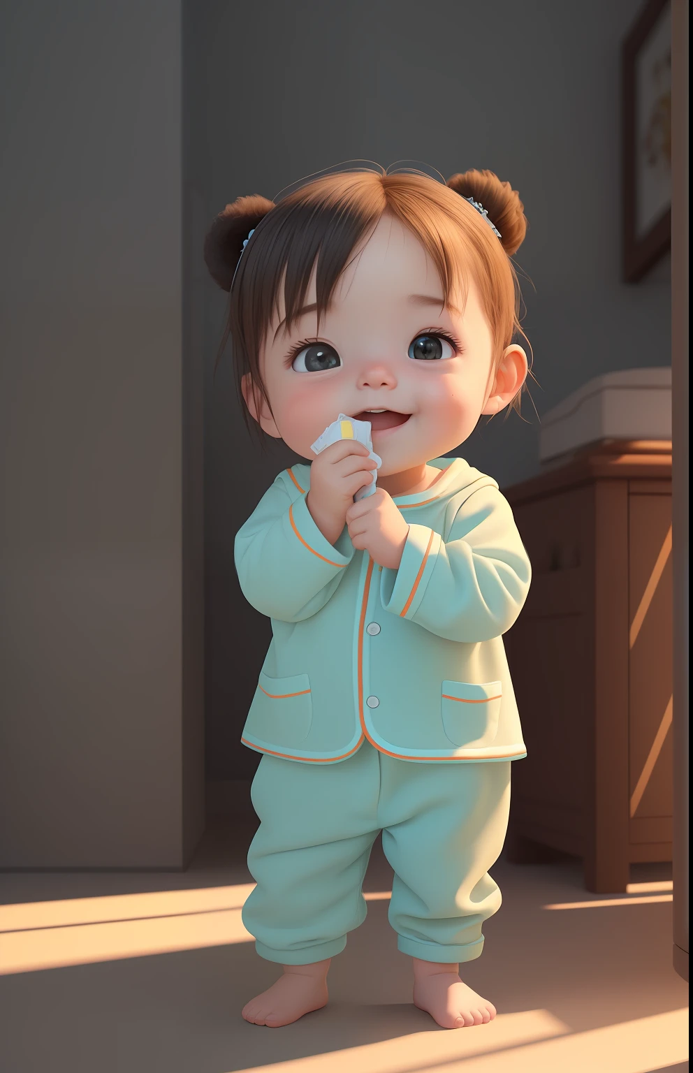 (Masterpiece), (Excellent), (Super Fine), (Full Body: 1.2), Super Cute, Baby, Pixar, Baby Panda, Pajamas,Big Bright, Fluffy, Smile, Delicate, Fairy Tale, Incredibly High Detail, Pixar Style, Bright Color Palette, Natural Light, Simple Background in Solid Colors, Octane Rendering, Trends on Artstation, Gorgeous, Ultra Wide Angle, 8K, HD, Realistic