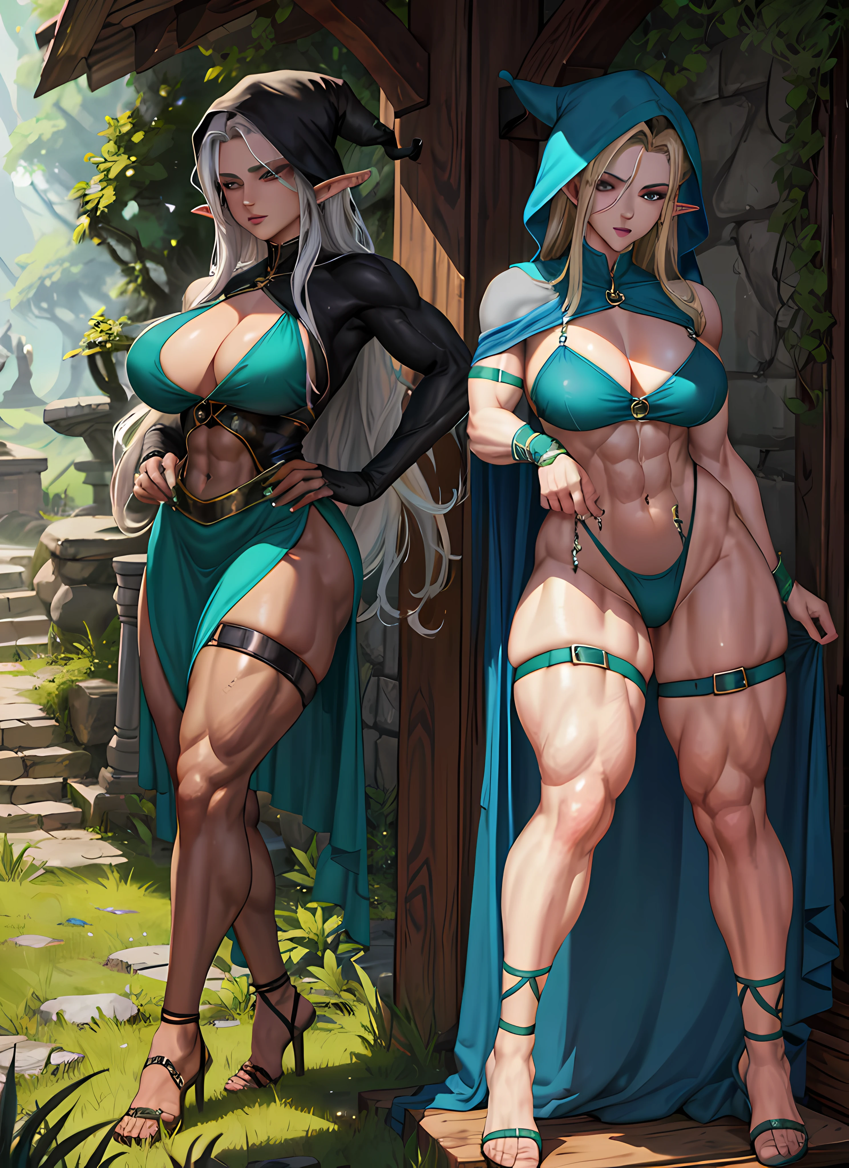1girl, beautiful, perfect lighting, muscular, thighs, mature female, milf, navel, abdominals, looking at the viewer (masterpiece, high quality: 1.1) Witch RPG, Elf, Pale Skin, Black Hood, Blonde Hair, Leg Muscles, Long Hair, Tights, (Forest Landscape)