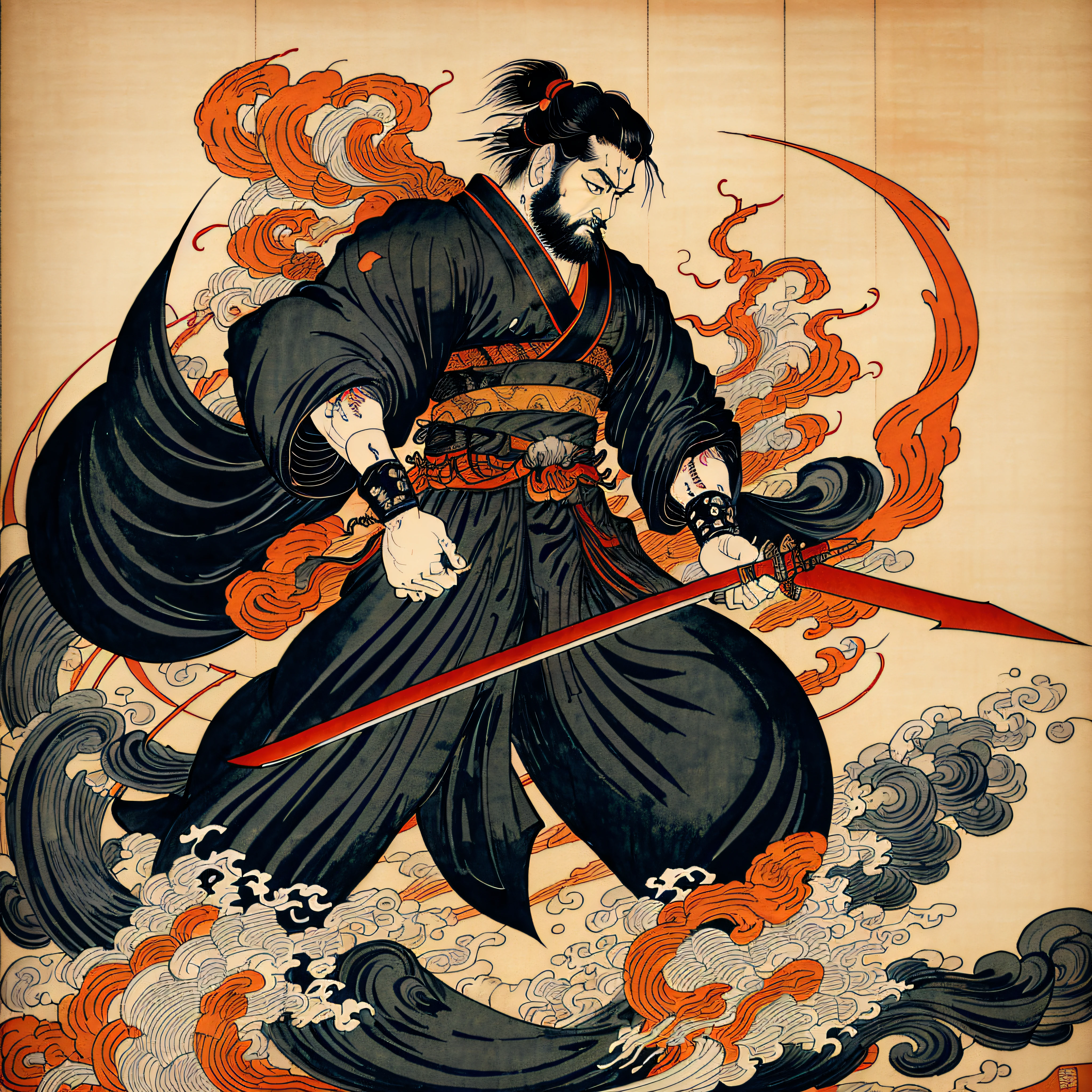 It is a full-body painting with natural colors in the style of ukiyo-e. A Japan samurai with a large body like a strongman. He has a rough face, short black hair, and a short, trimmed beard. He wears a black kimono. The hakama should be a little longer and draw in a flowing shape that flutters in the wind. He holds a sword in his right hand with flames coming out of his Japan sword. The background is a swirling flame in Katsushika Hokusai style. Masterpiece high-resolution ukiyo-e style, with the highest quality --auto --s2