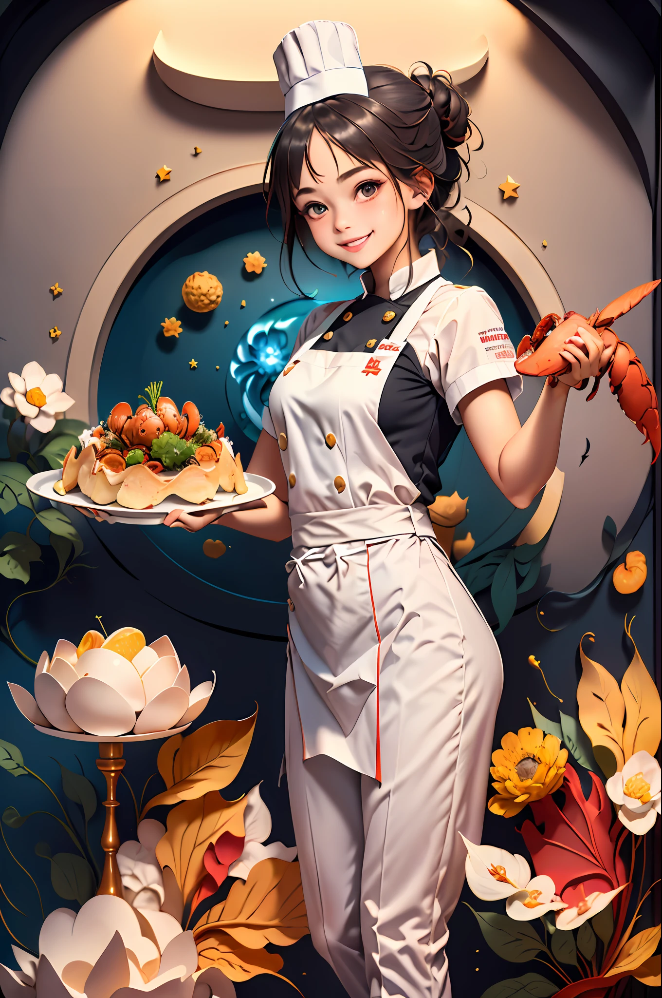((((masterpiece))), best quality, illustrations, beautiful details glow,
paper_cut, 1 girl. , cute, happy, smiling, model pedestal, sun, city, dining car, five-star, lobster, seafood star, chef: Chefs usually wear chef uniforms, including white shirts and pants with chef's hat and apron, which ensures hygiene